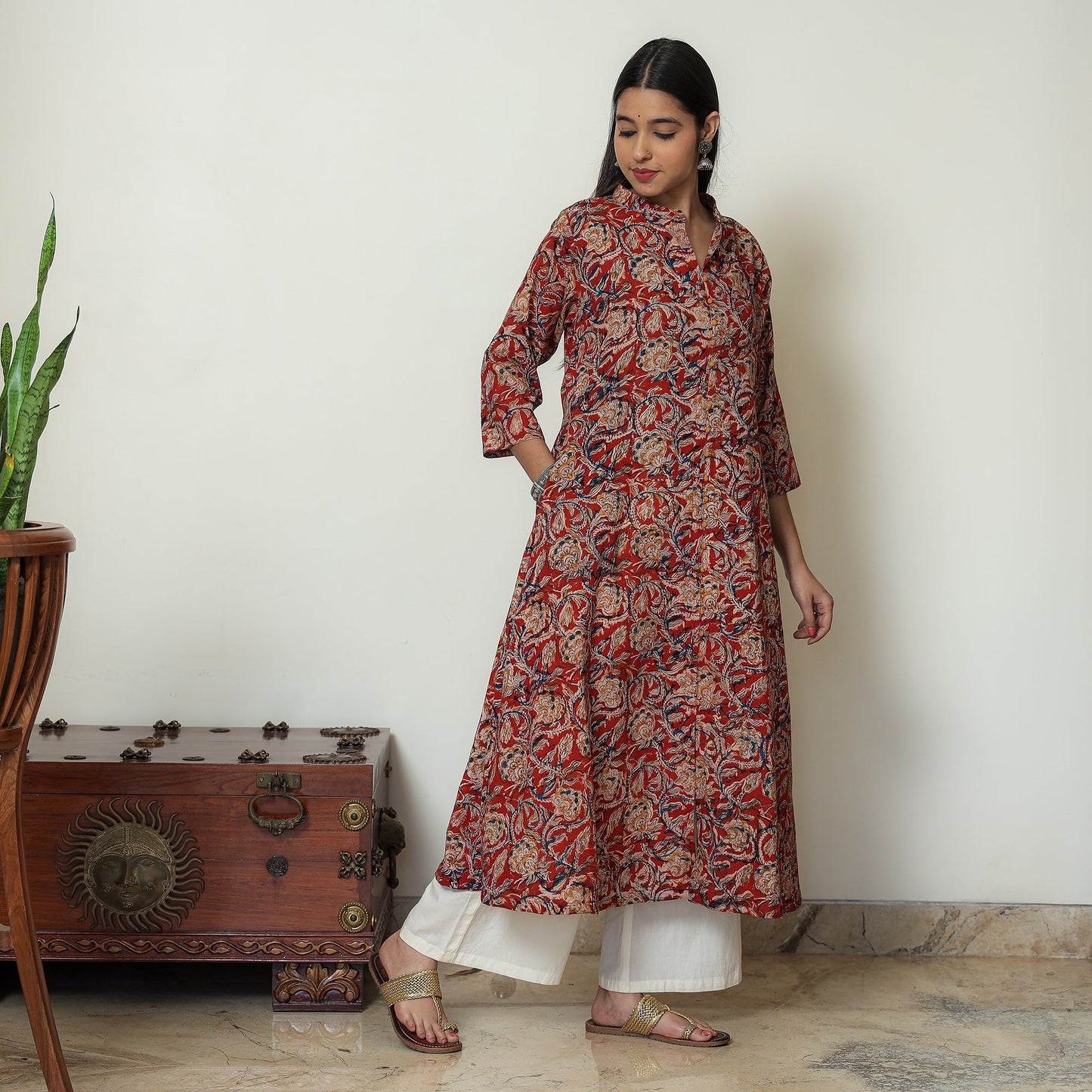 Red Block Print Cotton A-Line Kalamkari Kurta for Women