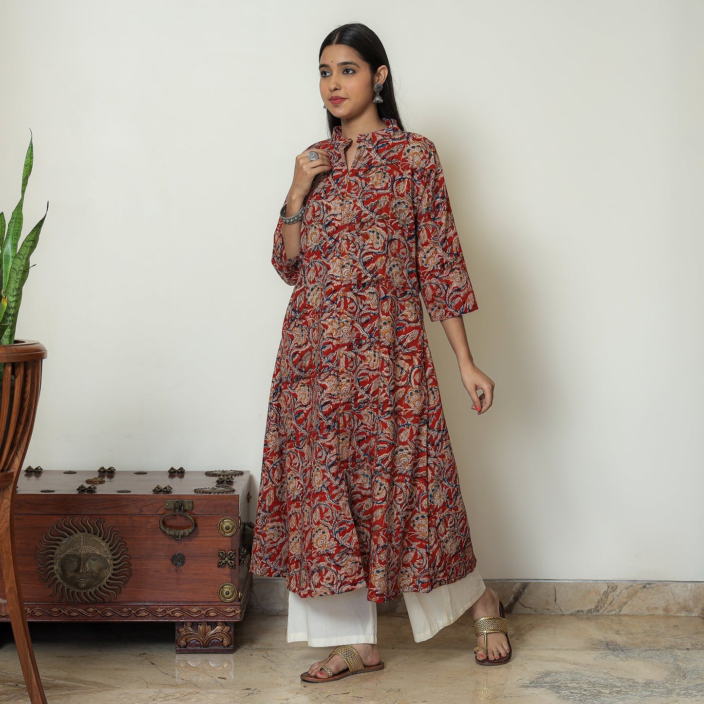 Red Block Print Cotton A-Line Kalamkari Kurta for Women