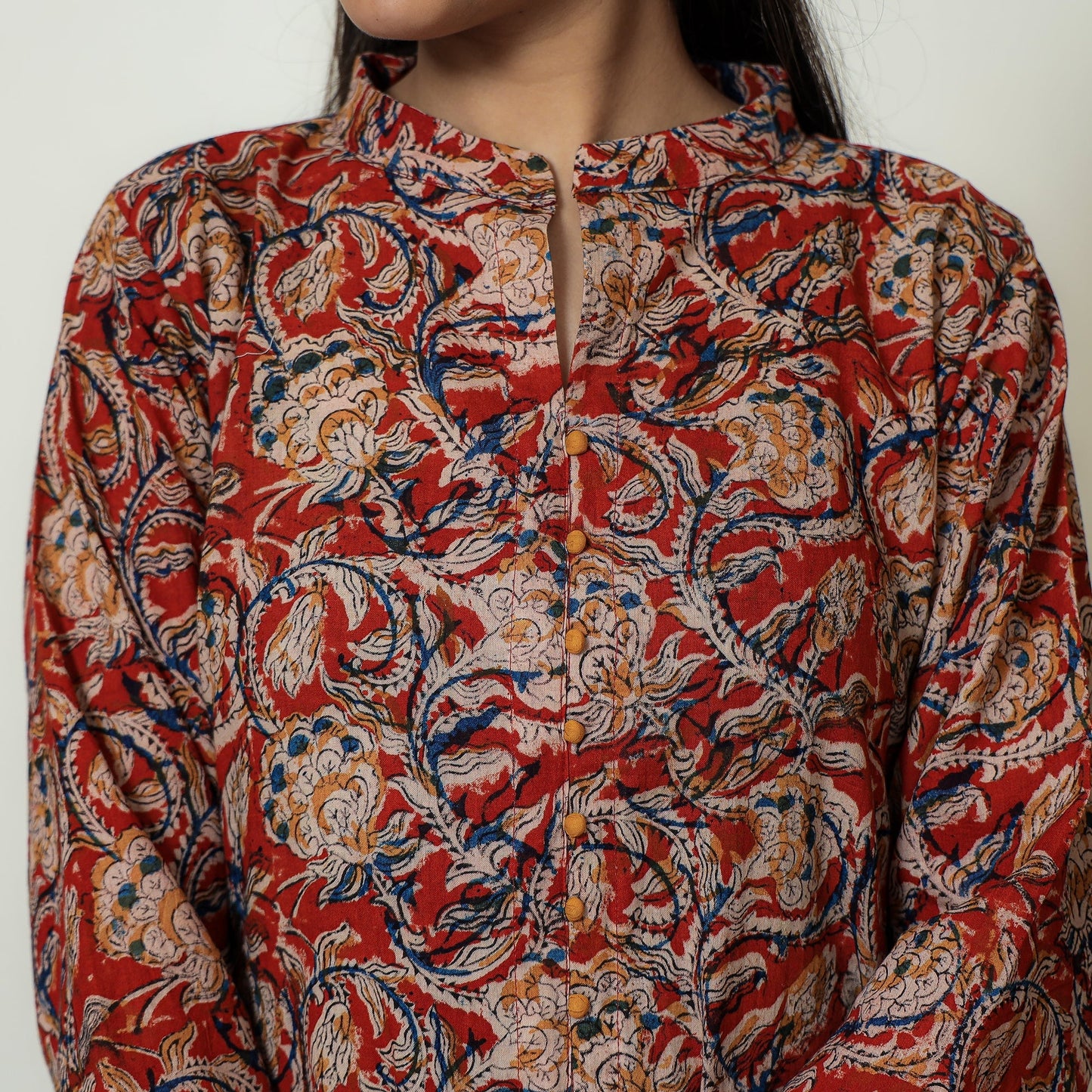 Red Block Print Cotton A-Line Kalamkari Kurta for Women