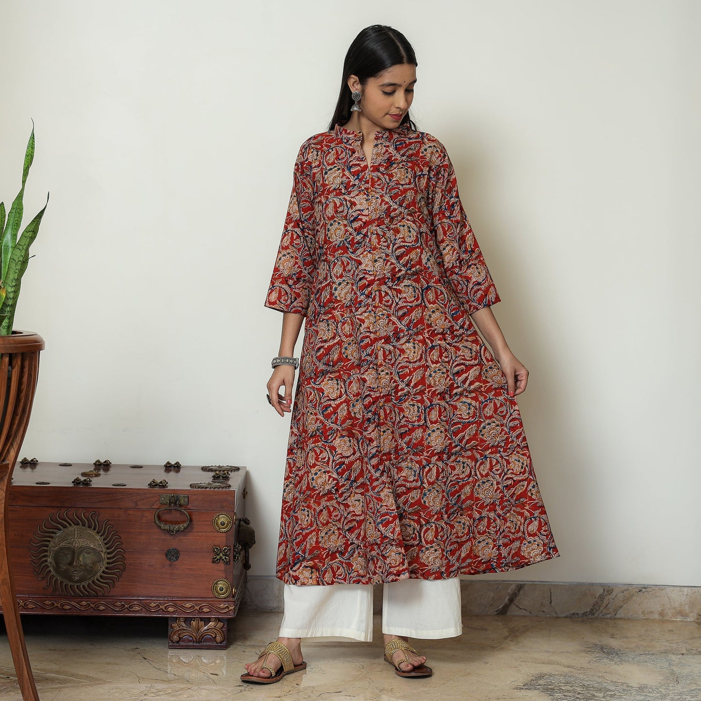 Red Block Print Cotton A-Line Kalamkari Kurta for Women