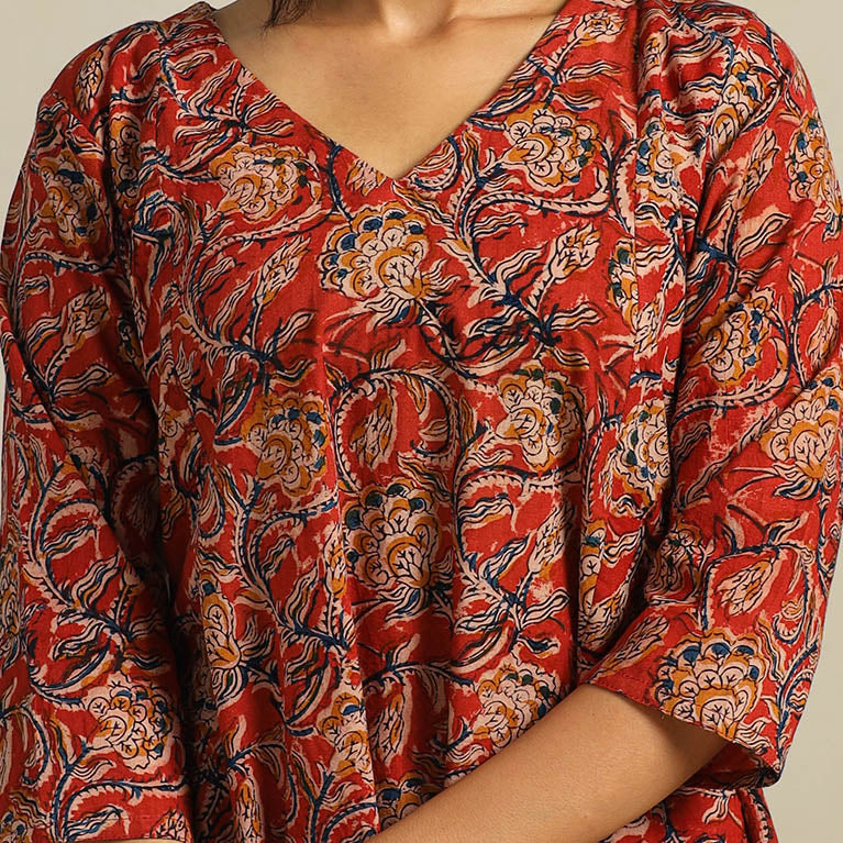 Red Block Print Cotton A-Line Kalamkari Kurta For Women