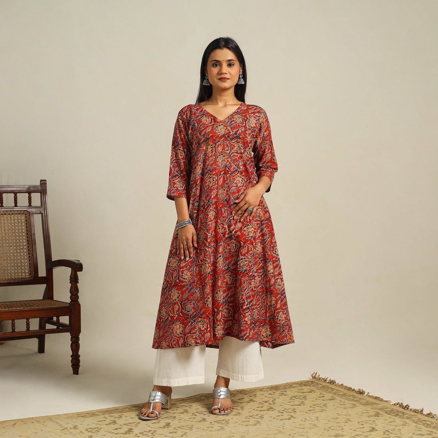 Red Block Print Cotton A-Line Kalamkari Kurta For Women