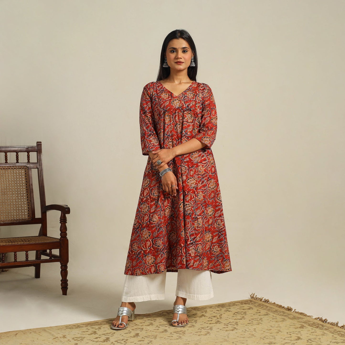 Red Block Print Cotton A-Line Kalamkari Kurta For Women