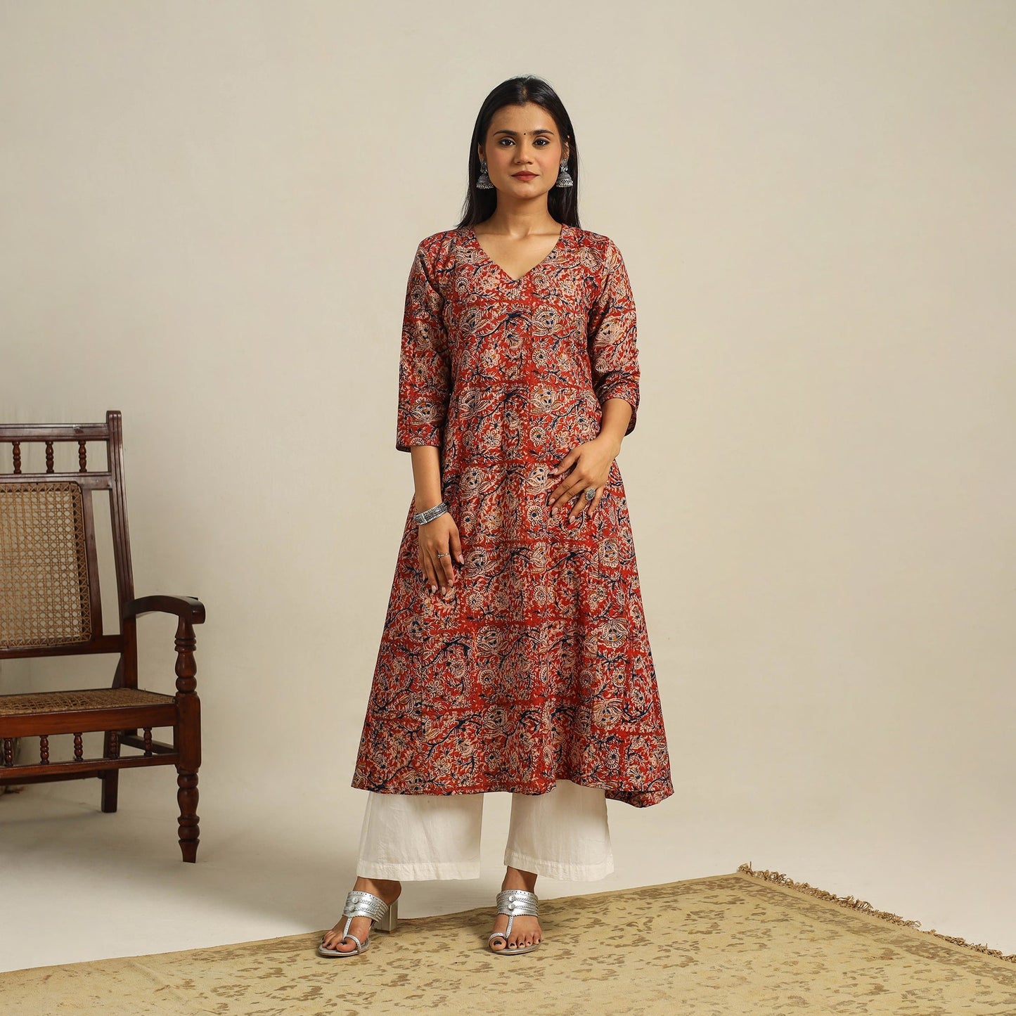 Red Block Print Cotton A-Line Kalamkari Kurta For Women