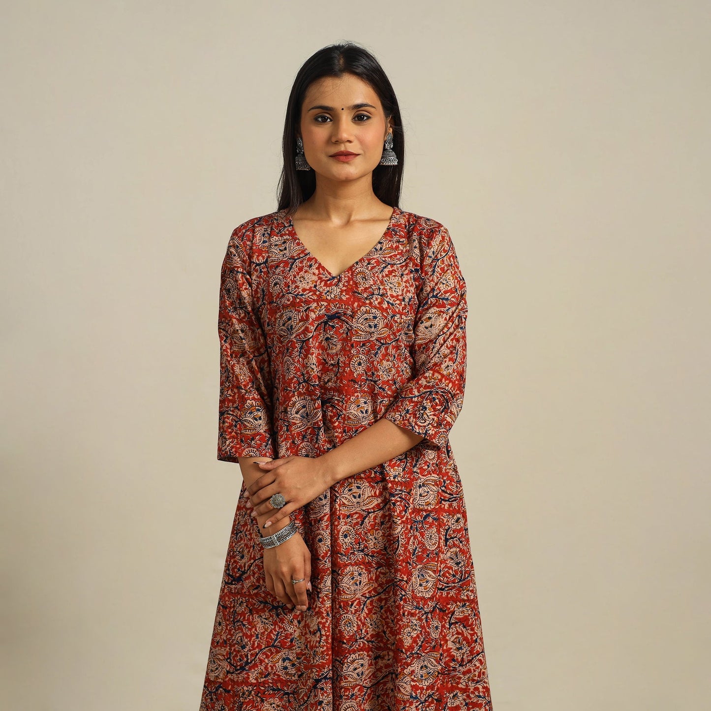 Red Block Print Cotton A-Line Kalamkari Kurta For Women