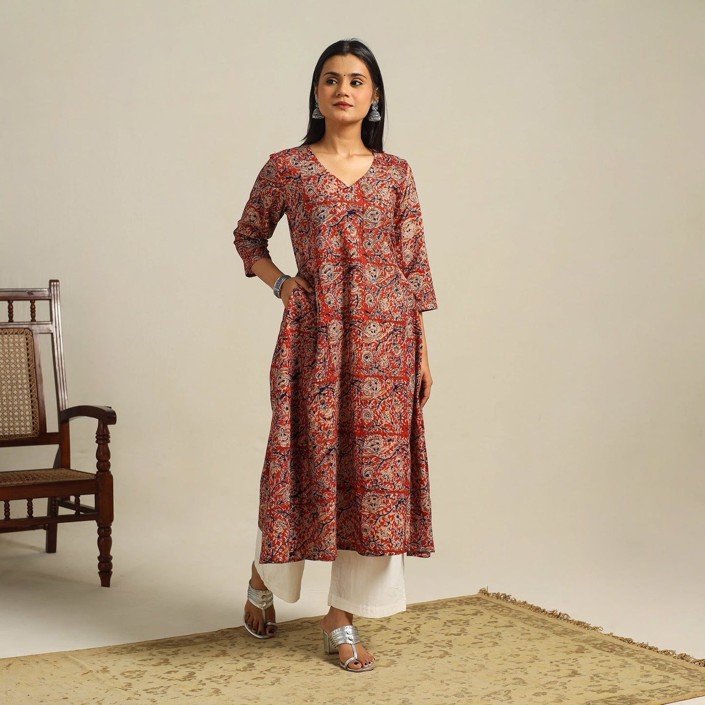 Red Block Print Cotton A-Line Kalamkari Kurta For Women
