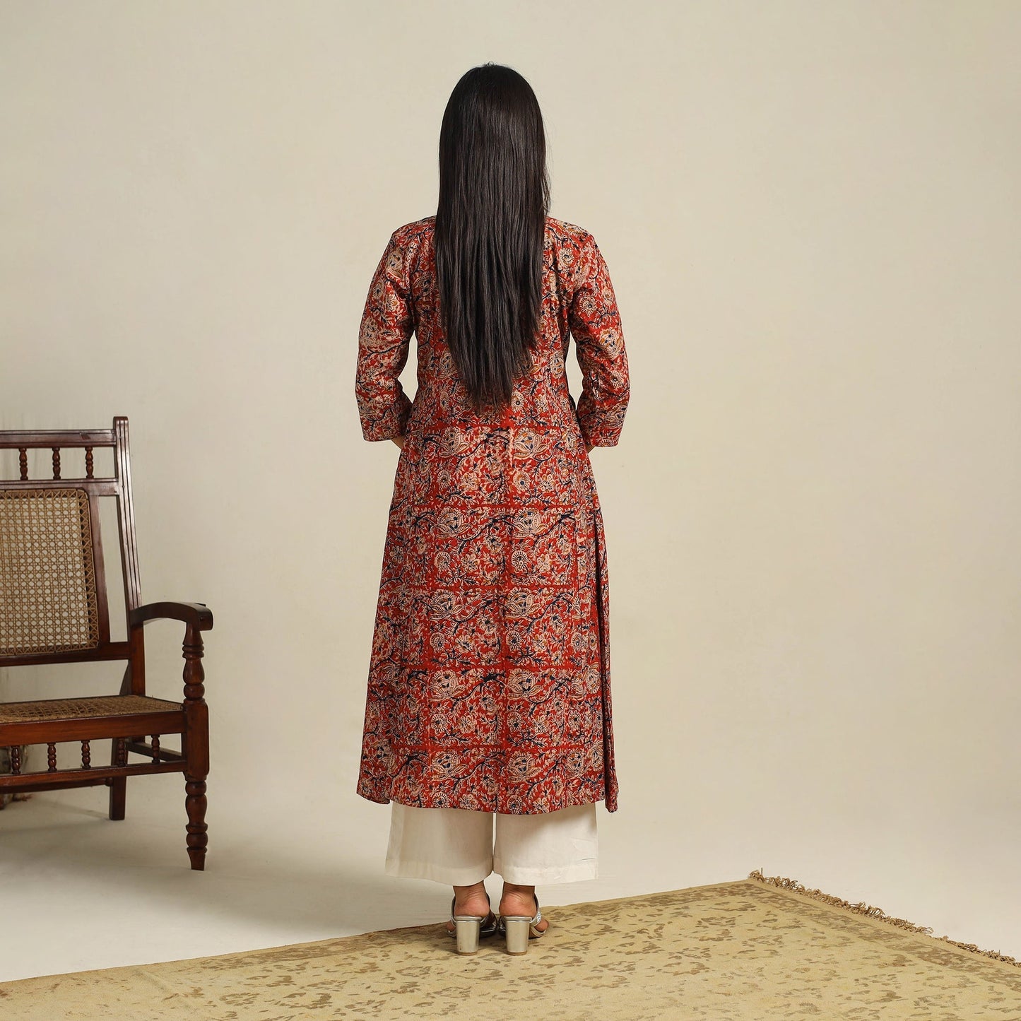 Red Block Print Cotton A-Line Kalamkari Kurta For Women