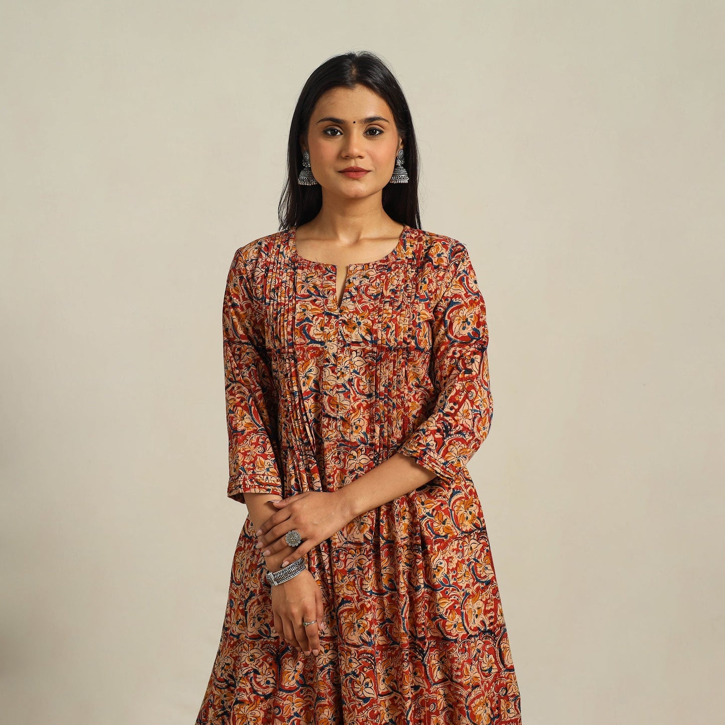 Red Block Print Cotton A-Line Kalamkari Kurta For Women