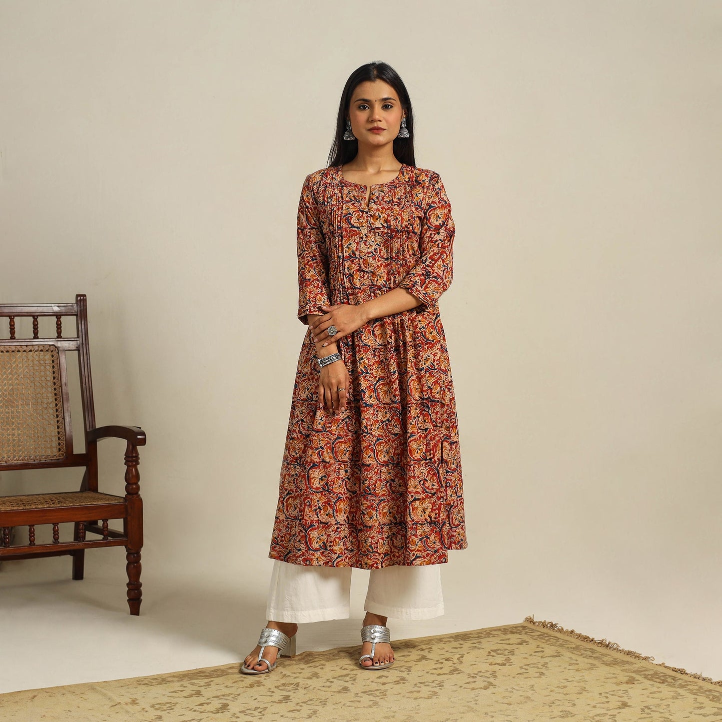 Red Block Print Cotton A-Line Kalamkari Kurta For Women