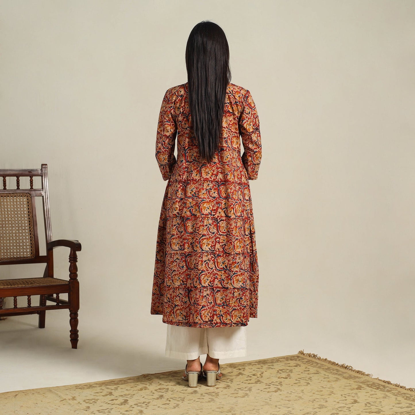Red Block Print Cotton A-Line Kalamkari Kurta For Women