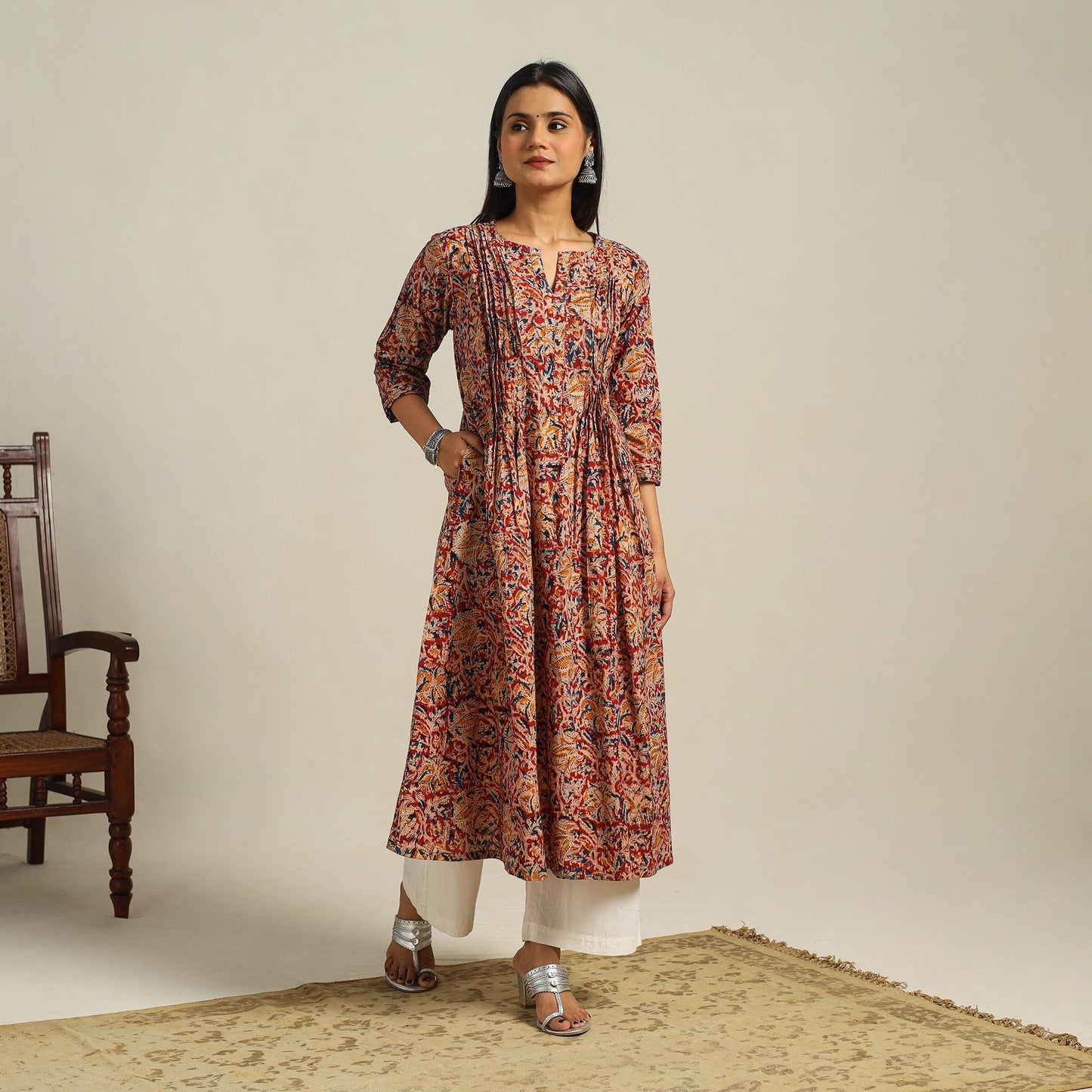 Red Block Print Cotton A-Line Kalamkari Kurta For Women