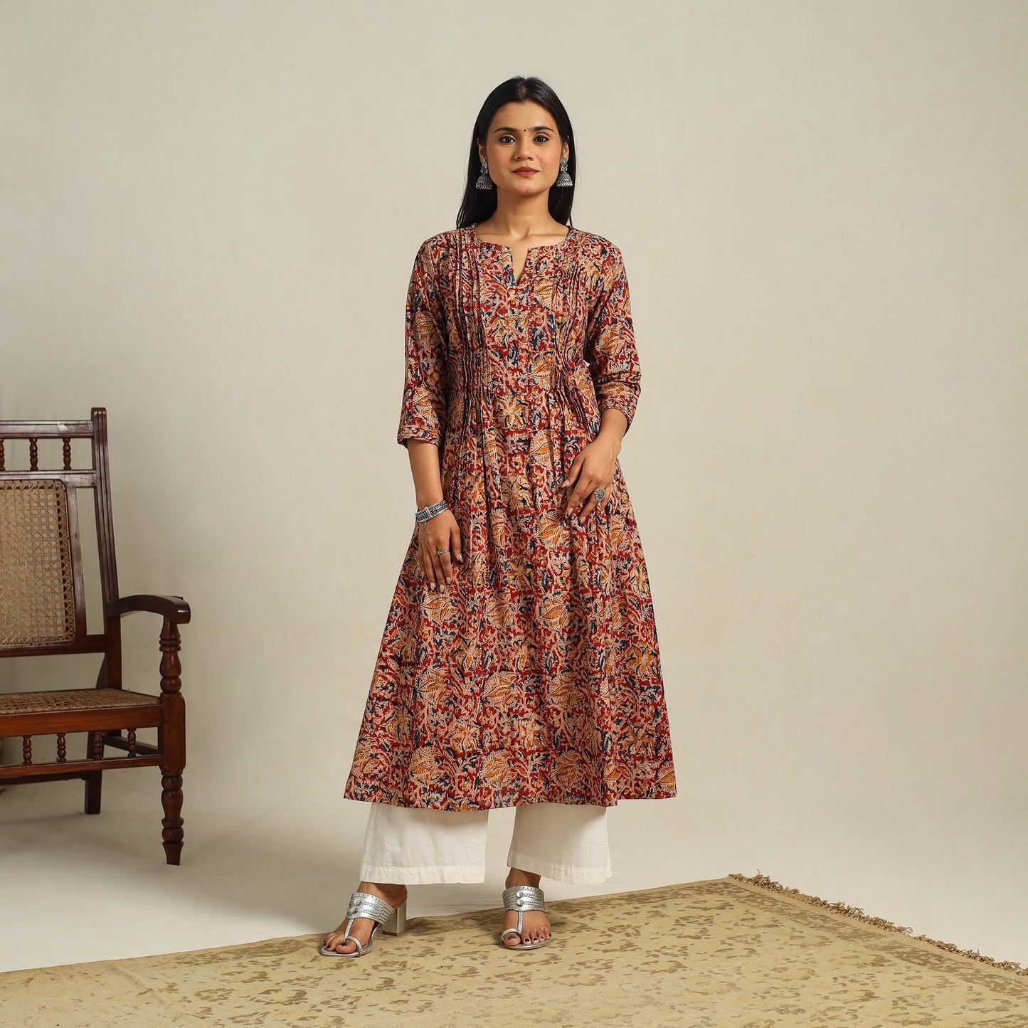 Red Block Print Cotton A-Line Kalamkari Kurta For Women