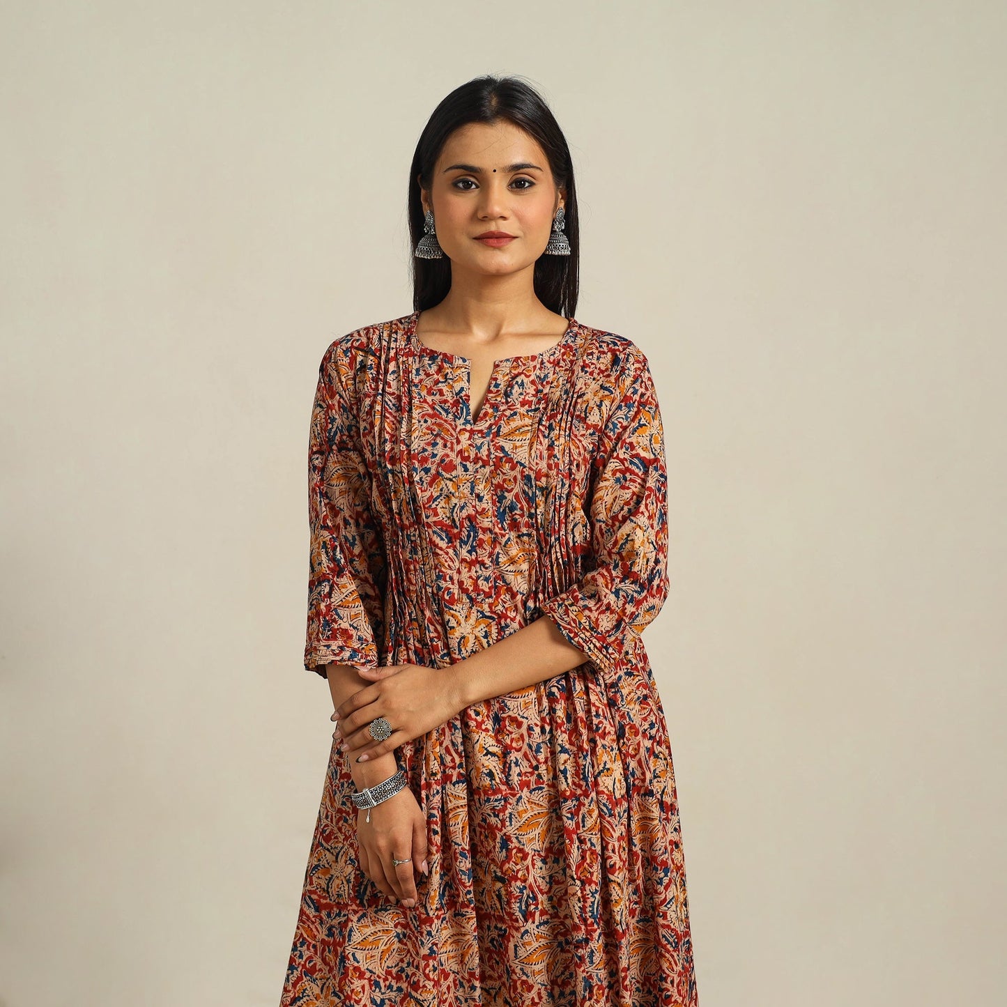 Red Block Print Cotton A-Line Kalamkari Kurta For Women