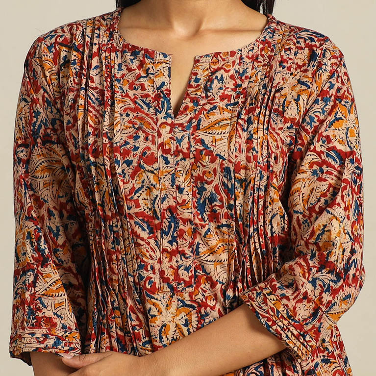 Red Block Print Cotton A-Line Kalamkari Kurta For Women
