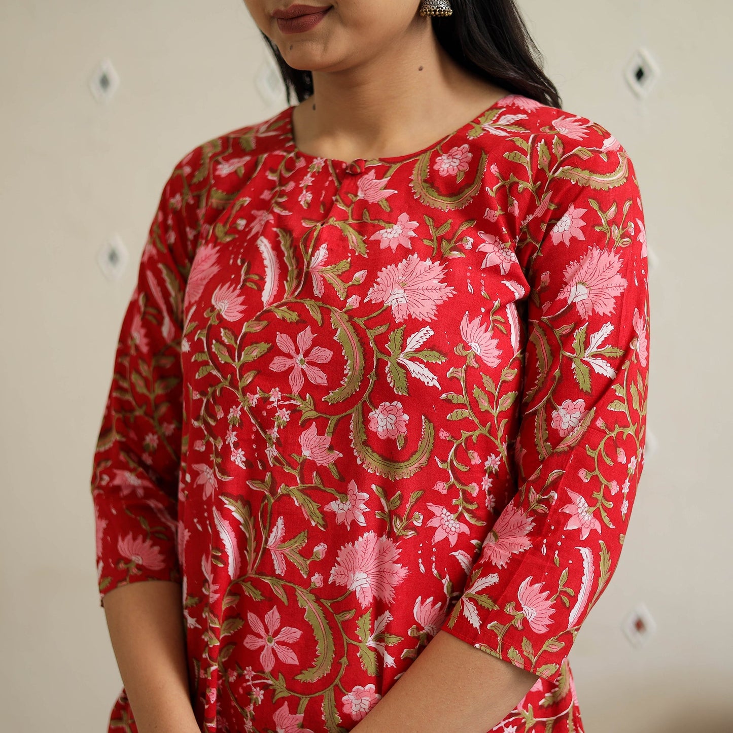 Buy Red Block Print Cotton A-Line Sanganeri Kurta