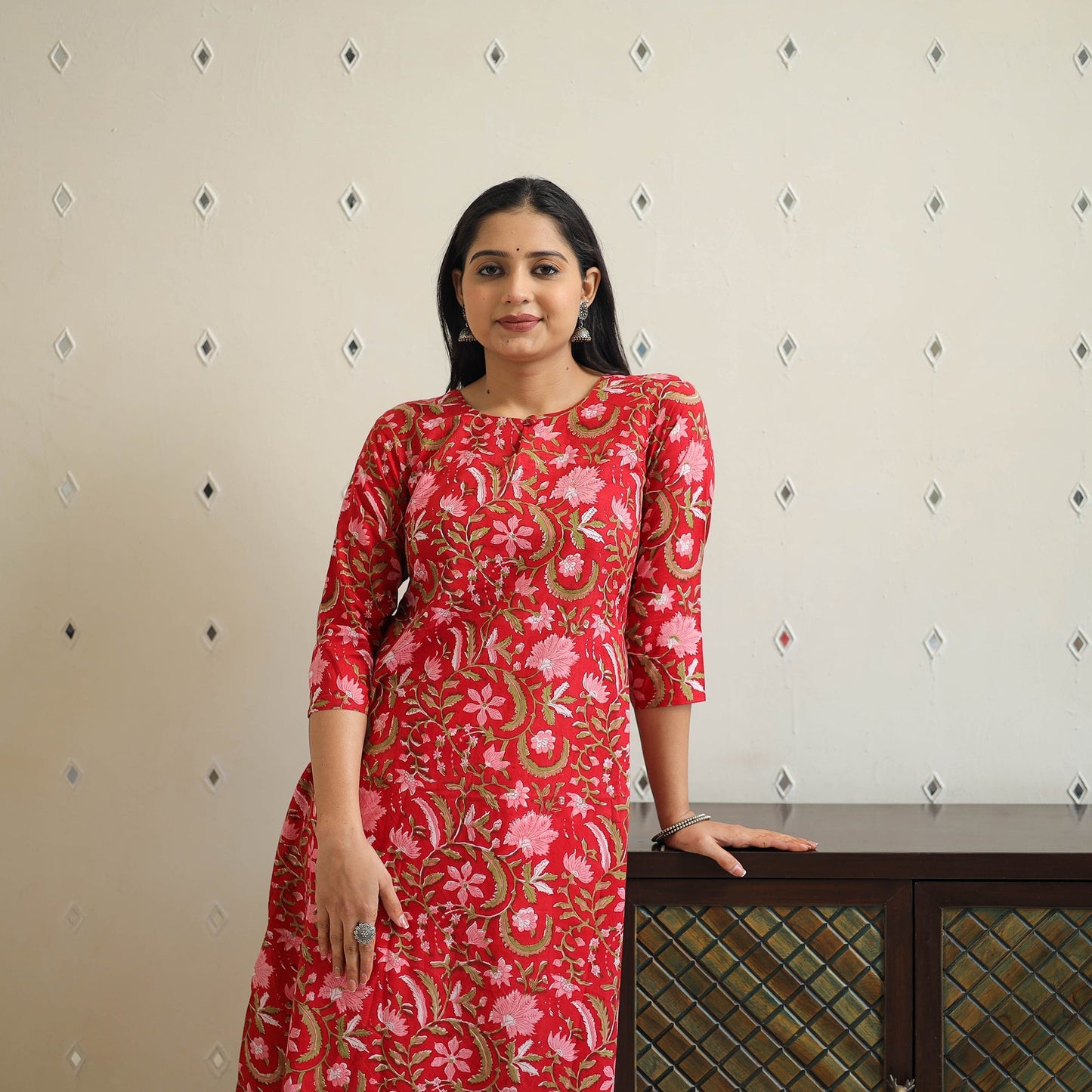 Buy Red Block Print Cotton A-Line Sanganeri Kurta