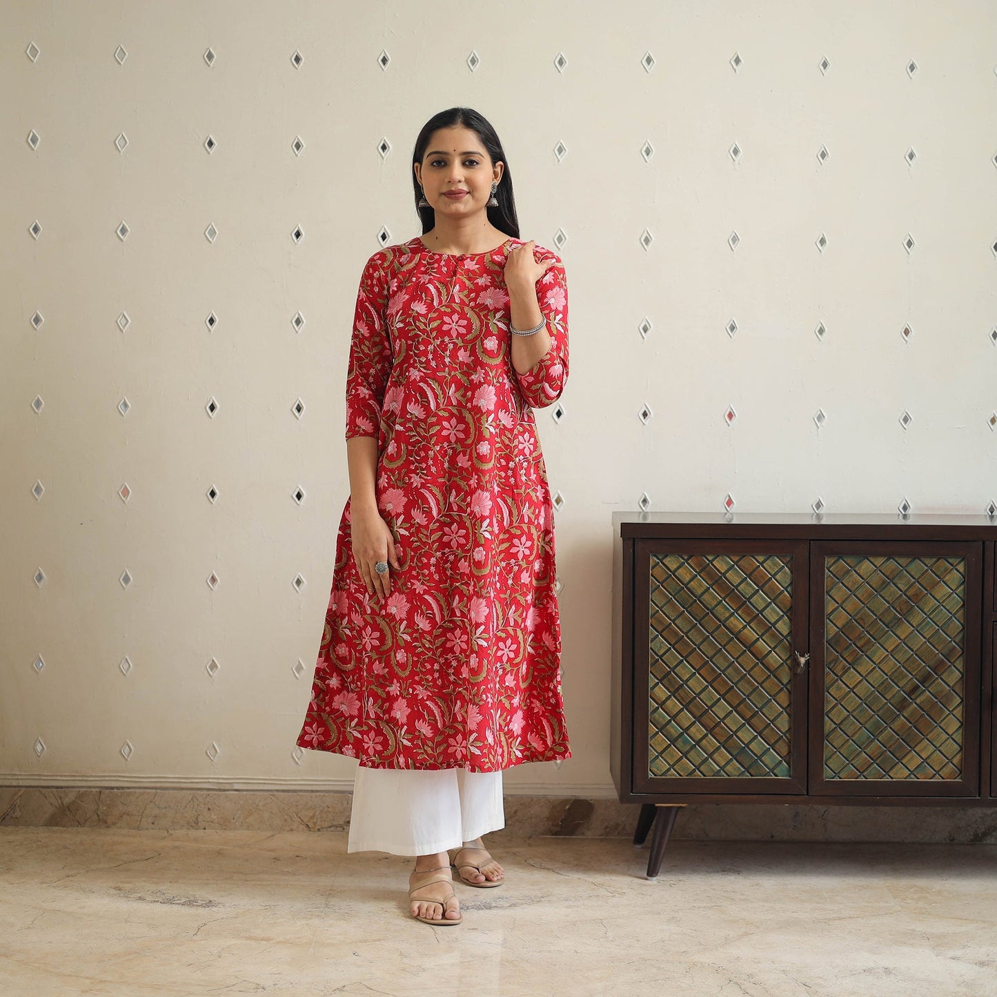 Buy Red Block Print Cotton A-Line Sanganeri Kurta
