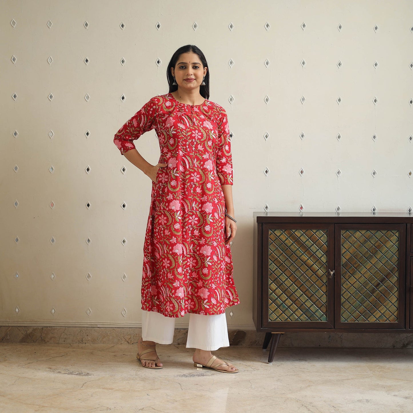 Buy Red Block Print Cotton A-Line Sanganeri Kurta