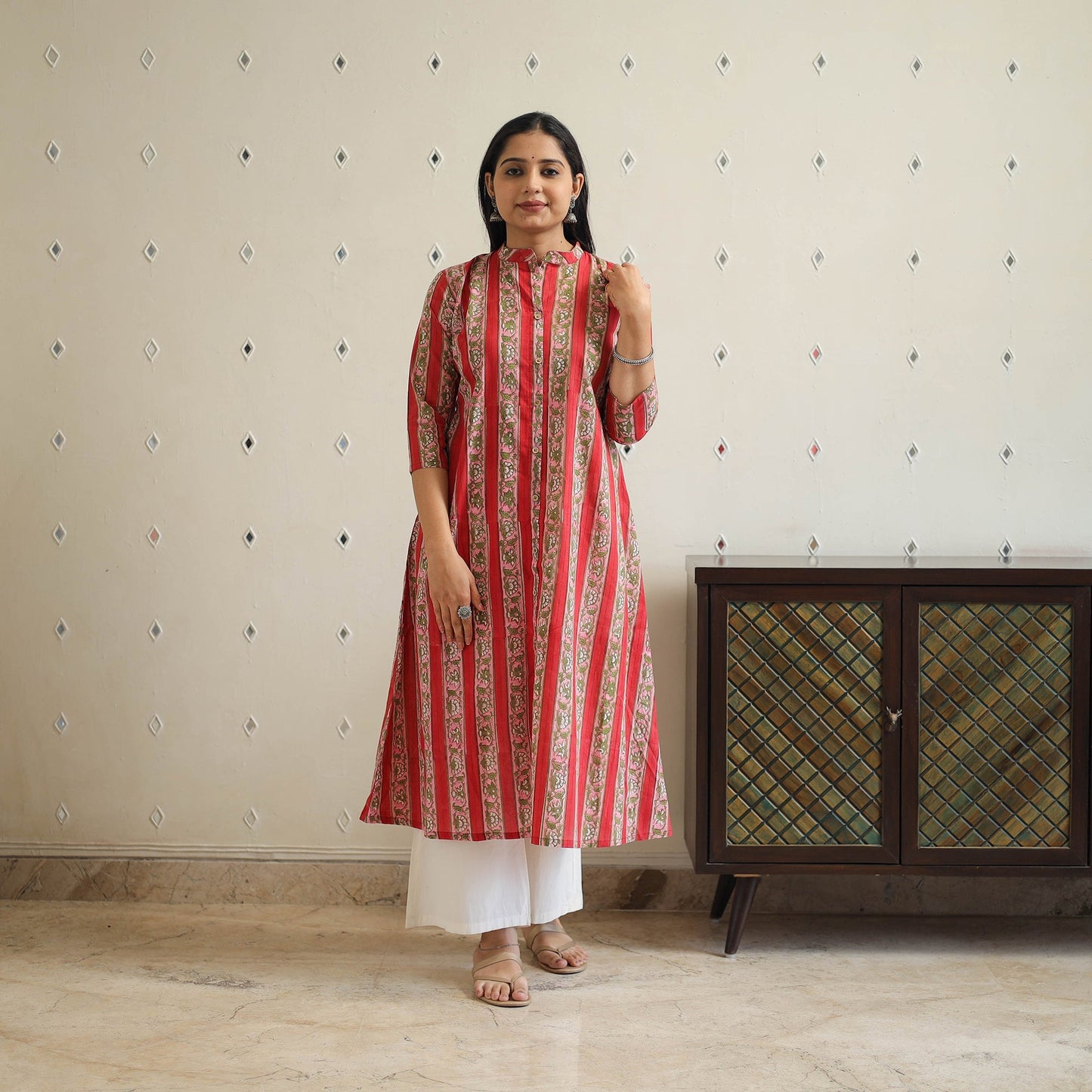 Red - Block Print Cotton A-Line Sanganeri Kurta 23