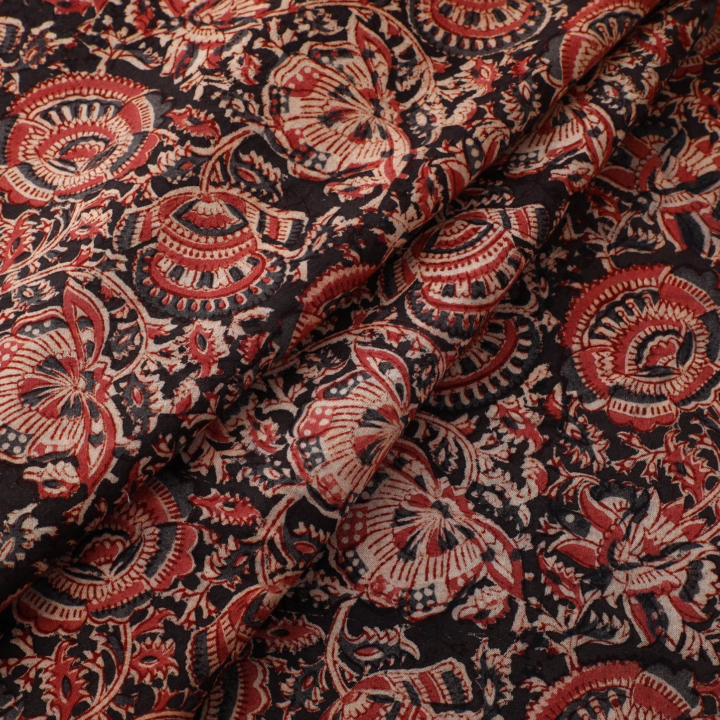 Red Block Print Cotton Pedana Kalamkari Fabric Online