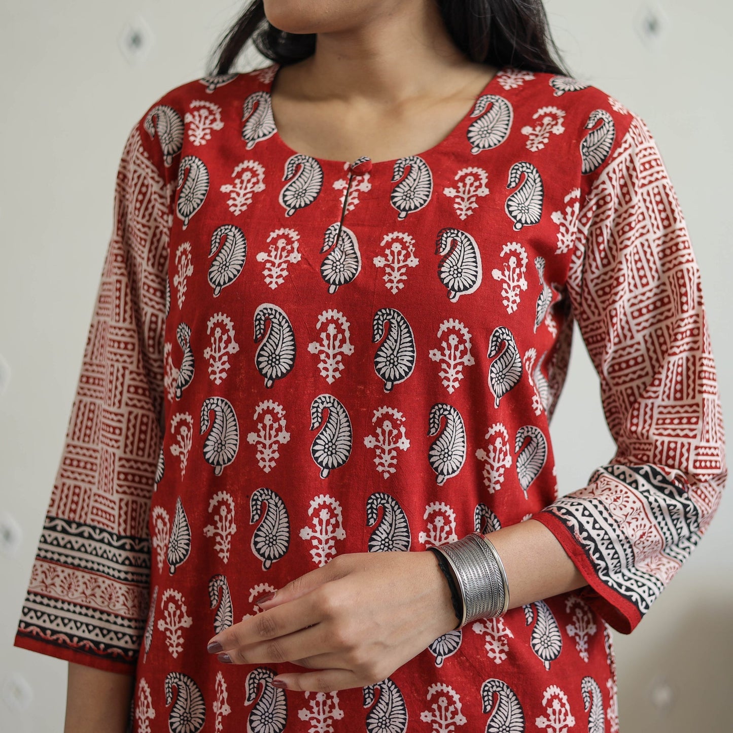 Red Block Print Cotton Straight Bagh Kurta for Women