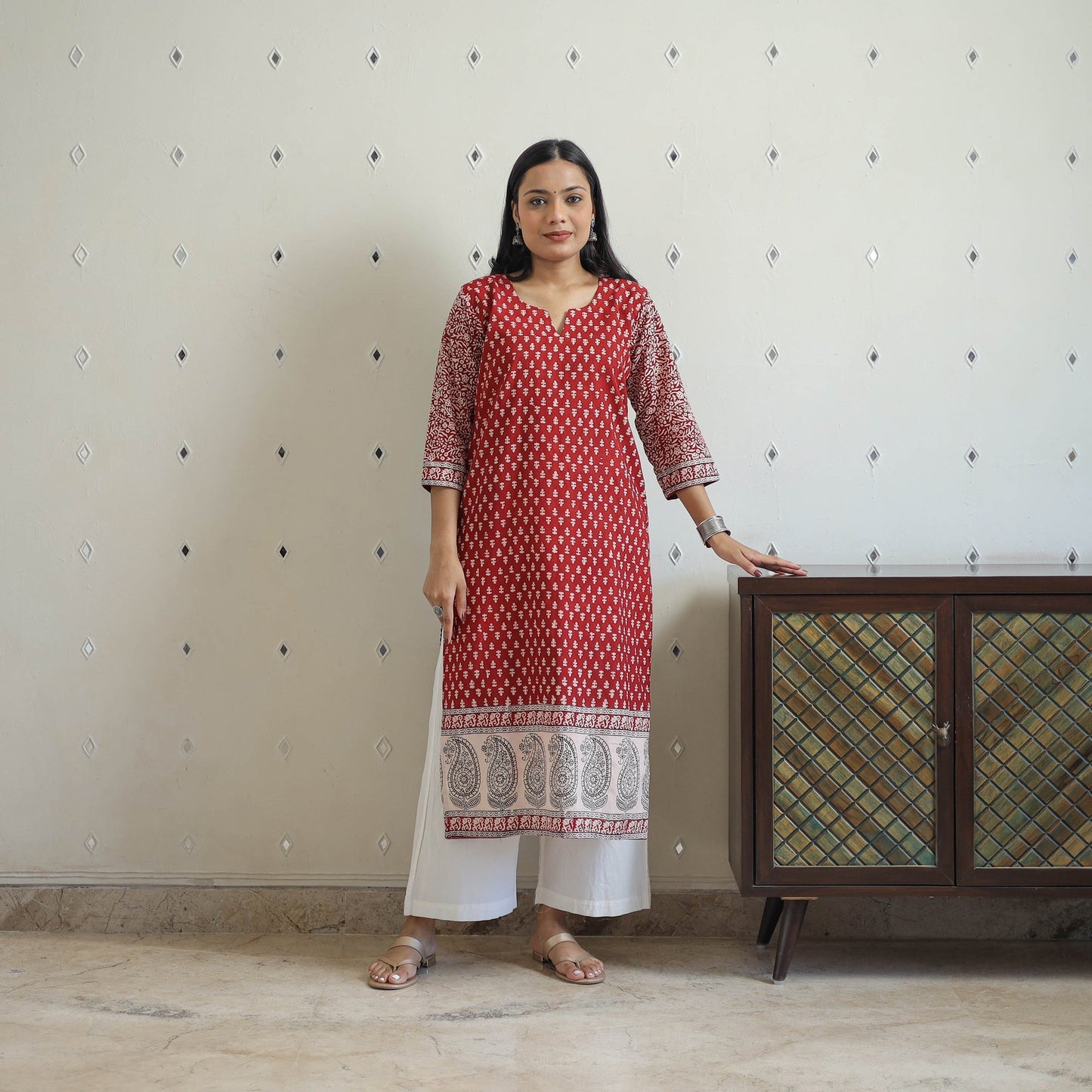 Buy Red Block Print Cotton Straight Bagh Kurta For Women
