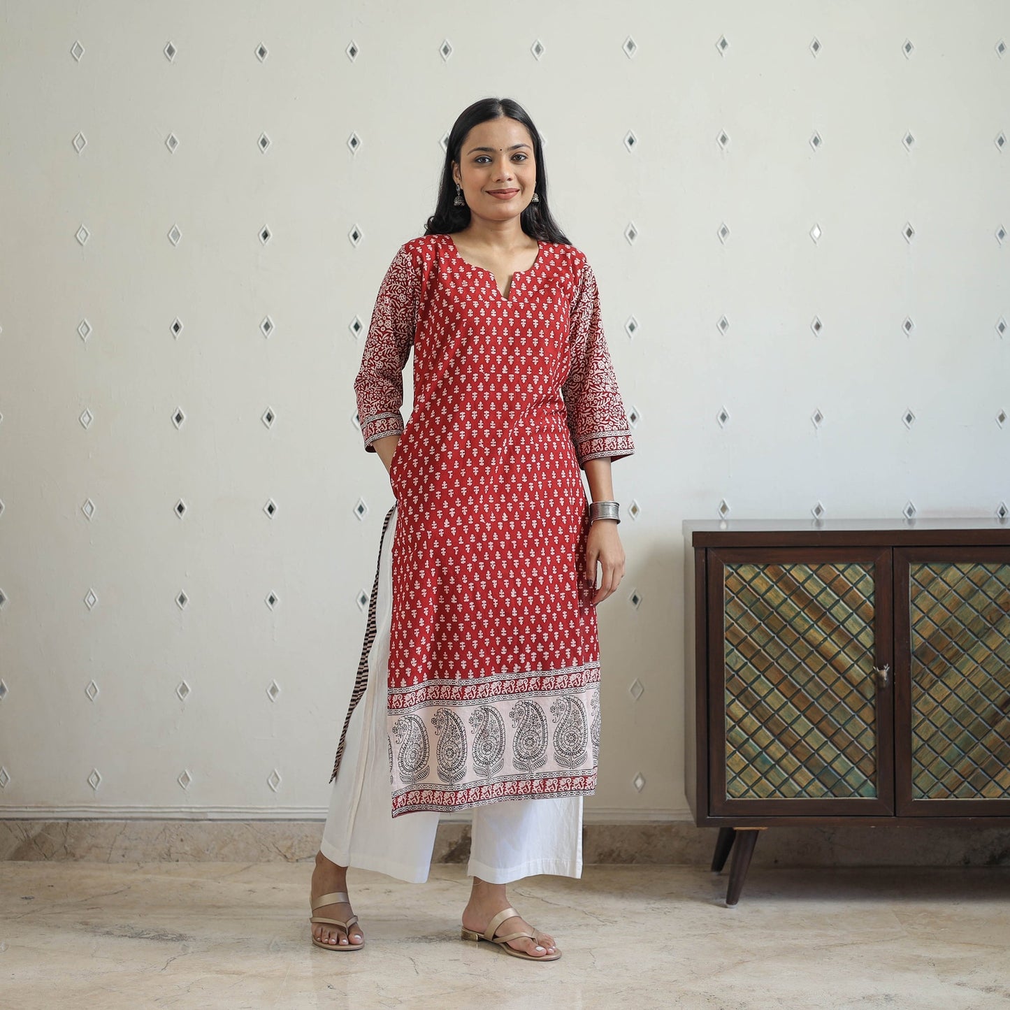 Buy Red Block Print Cotton Straight Bagh Kurta For Women