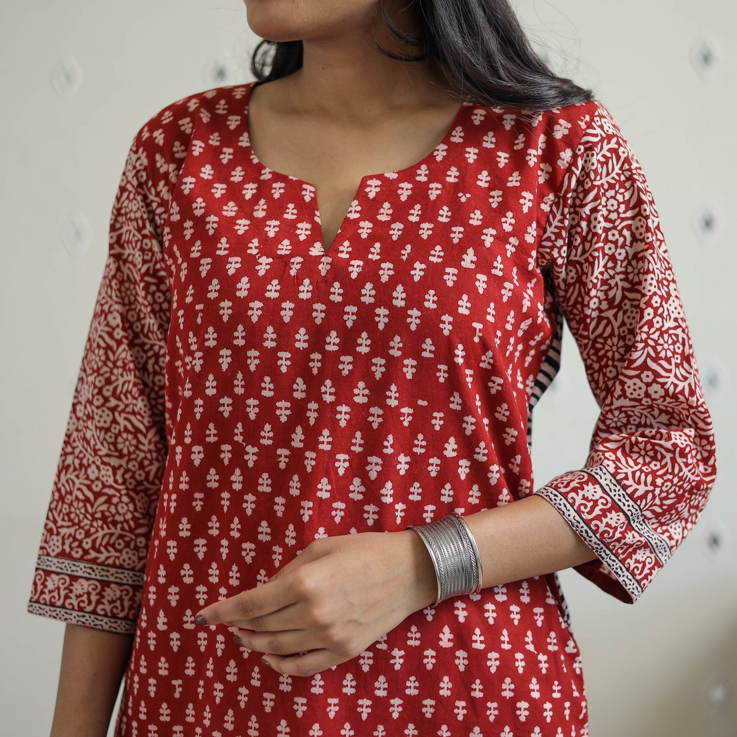 Buy Red Block Print Cotton Straight Bagh Kurta For Women
