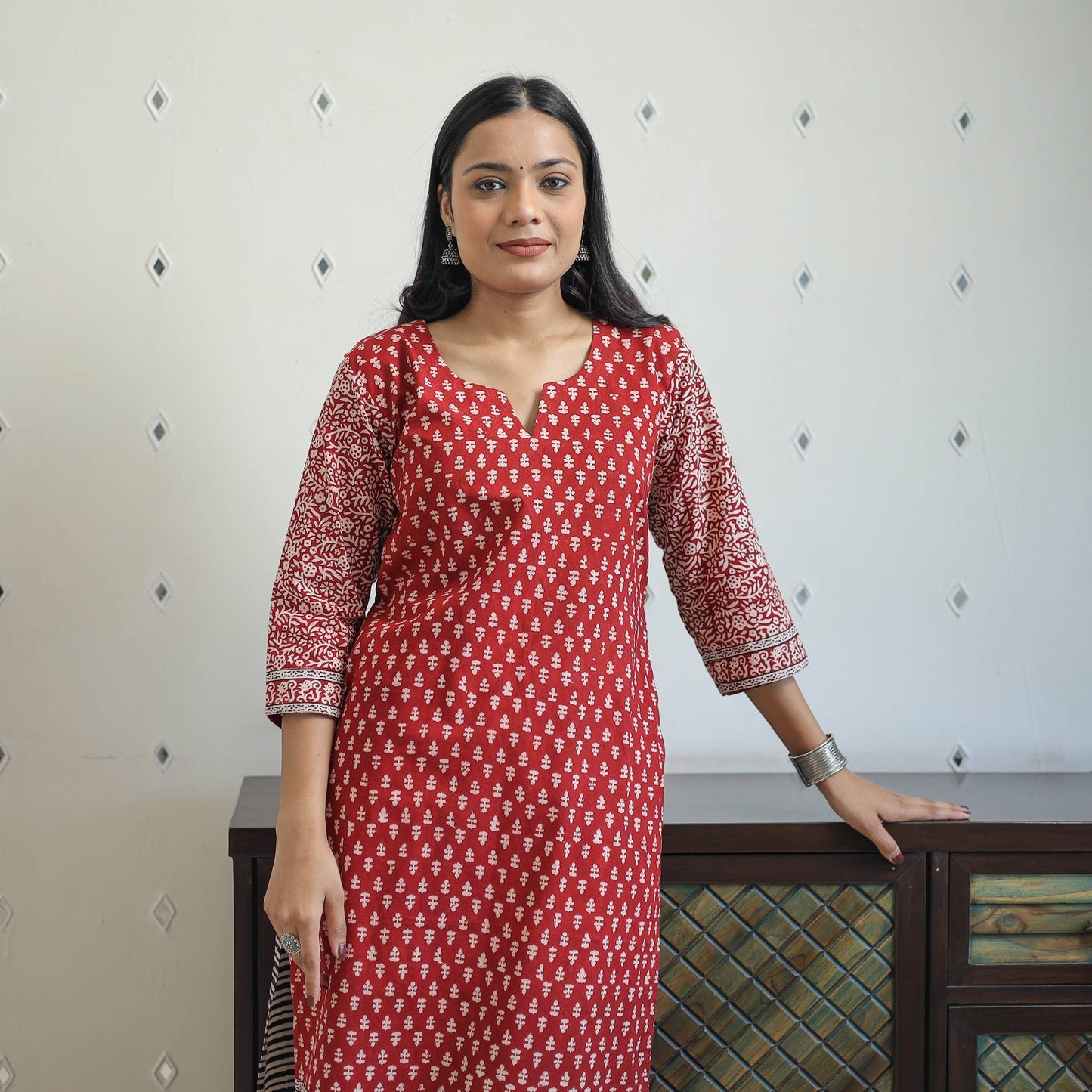 Buy Red Block Print Cotton Straight Bagh Kurta For Women