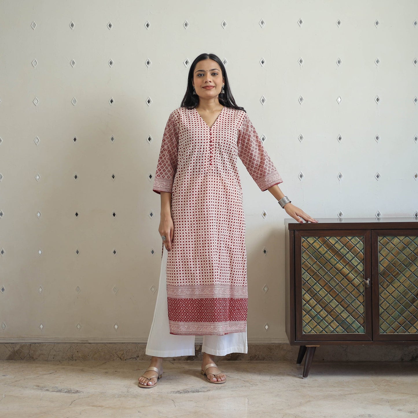Red Block Print Cotton Straight Bagh Kurta for Women