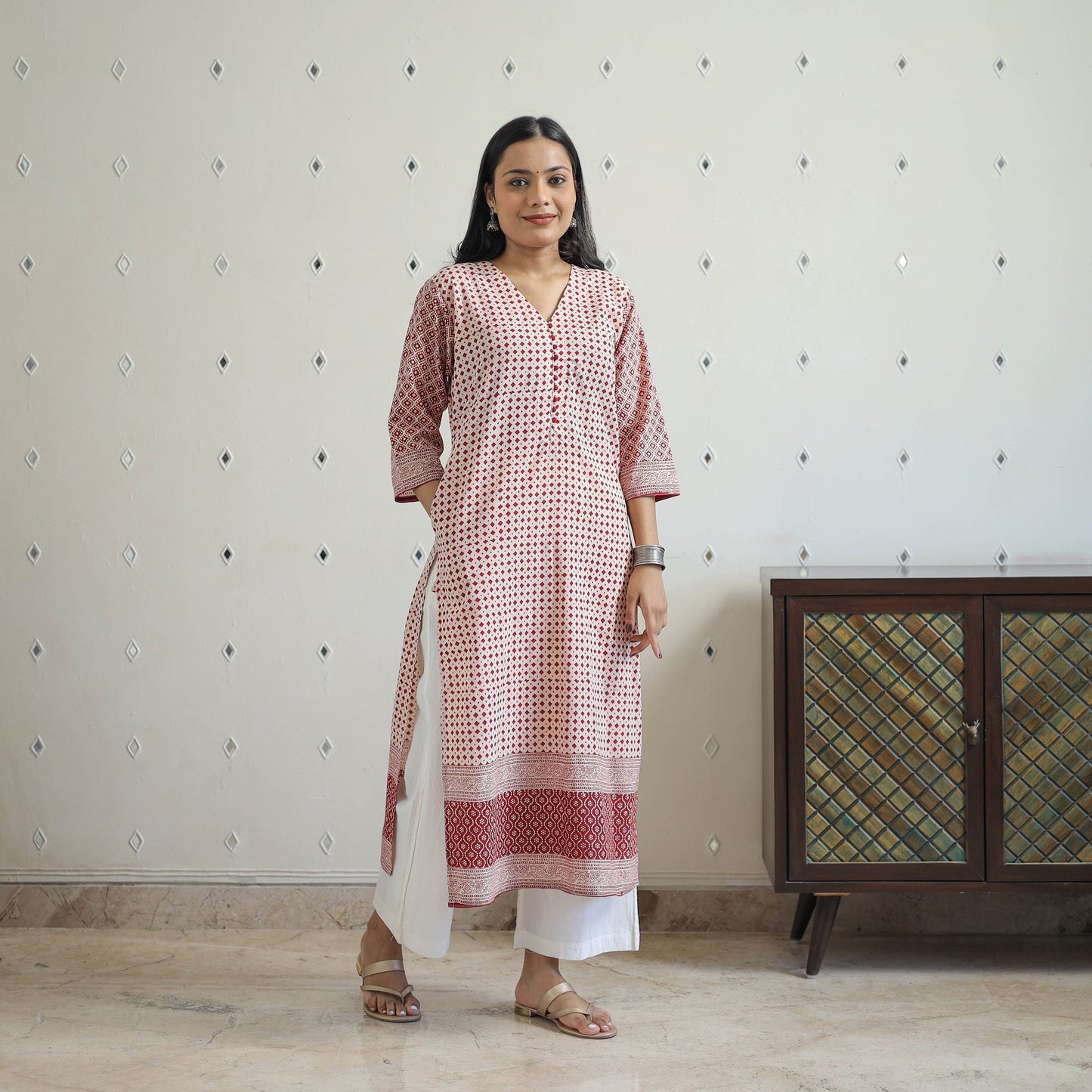 Red Block Print Cotton Straight Bagh Kurta for Women