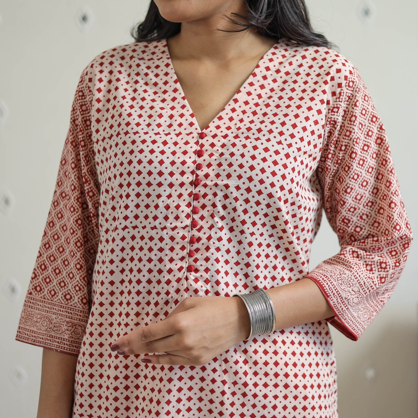 Red Block Print Cotton Straight Bagh Kurta for Women
