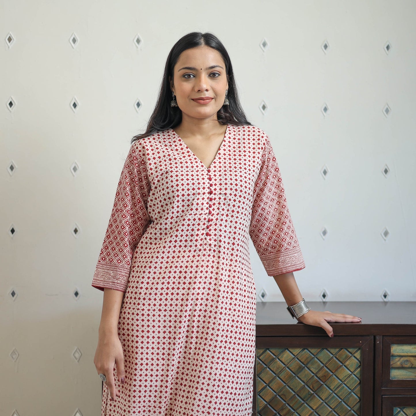 Red Block Print Cotton Straight Bagh Kurta for Women