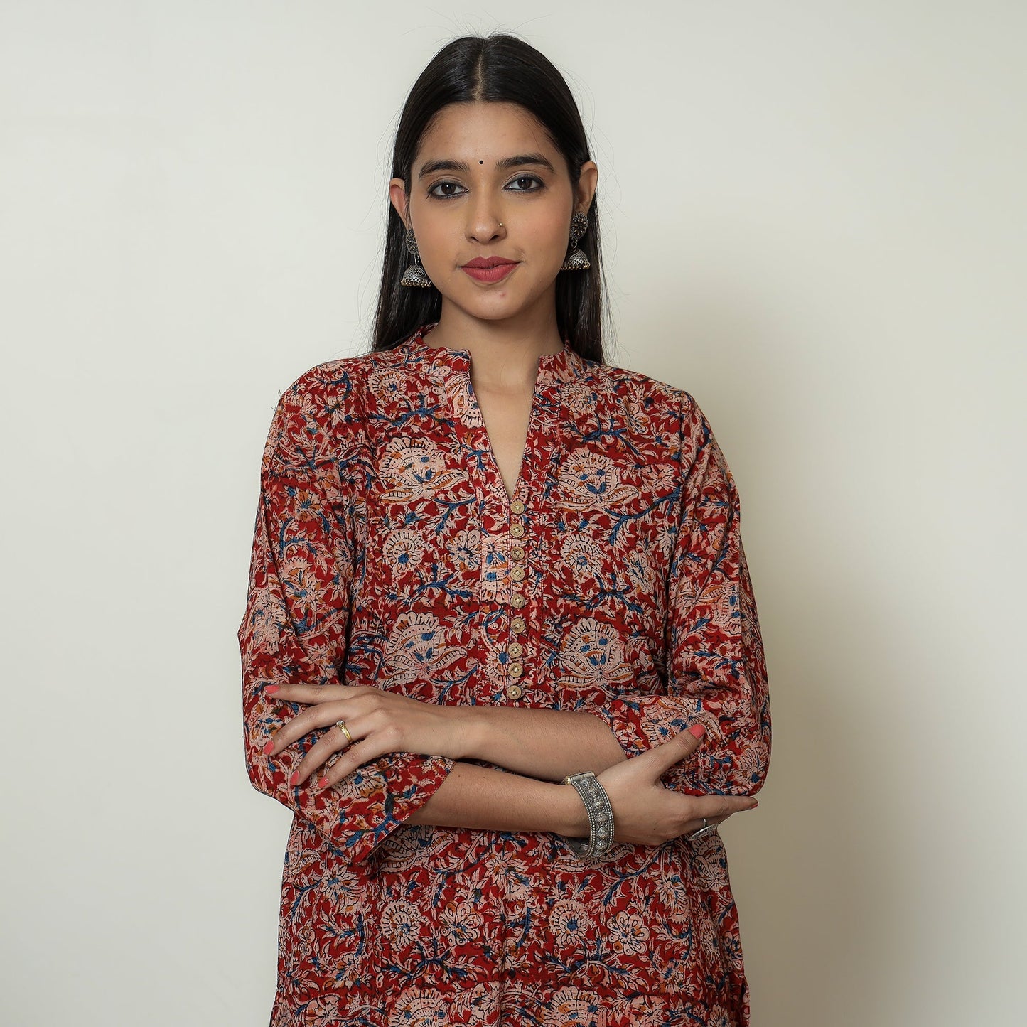 Red Block Print Cotton Straight Kalamkari Kurta for Women
