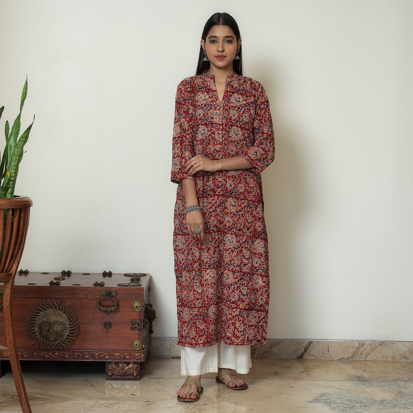 Red Block Print Cotton Straight Kalamkari Kurta for Women