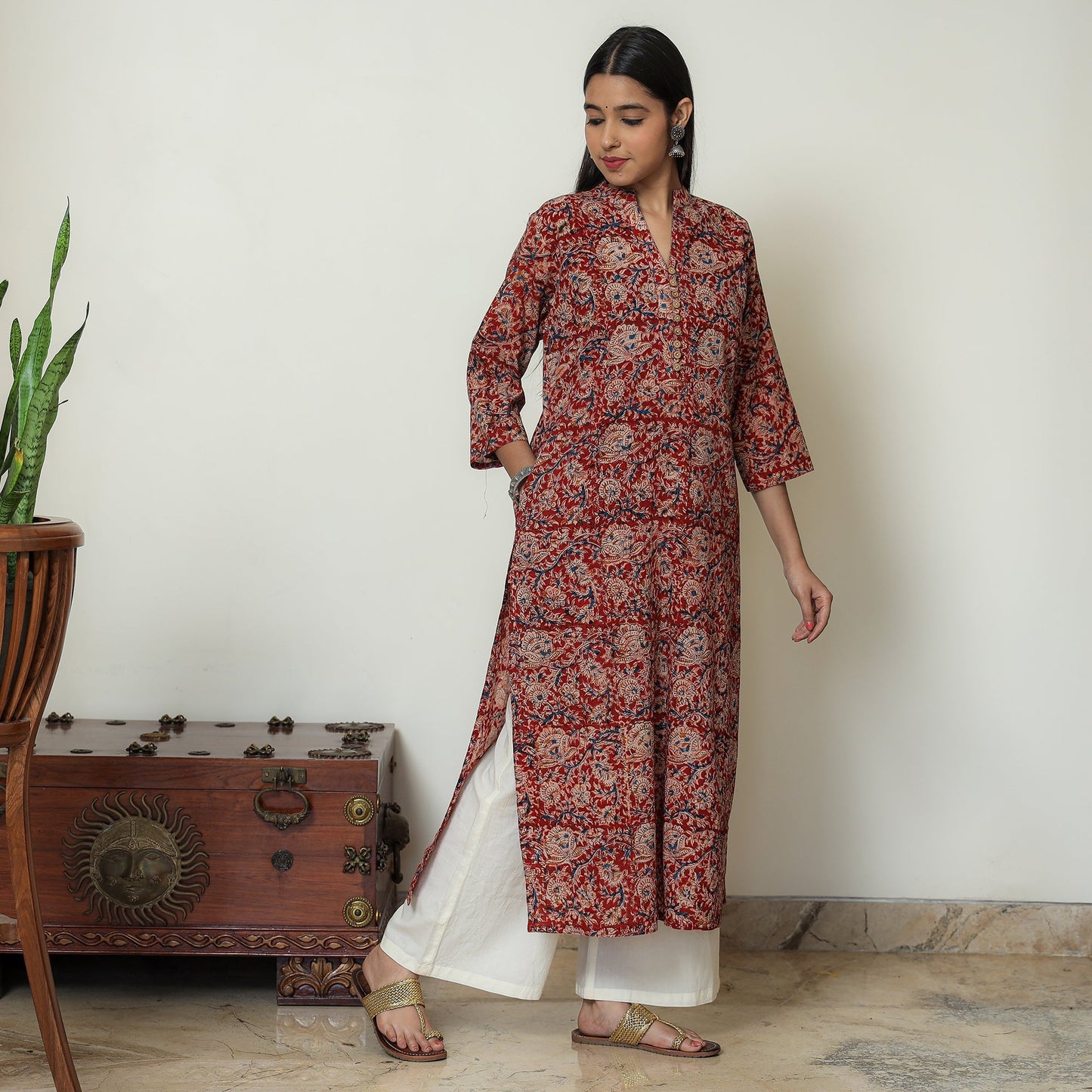 Red Block Print Cotton Straight Kalamkari Kurta for Women