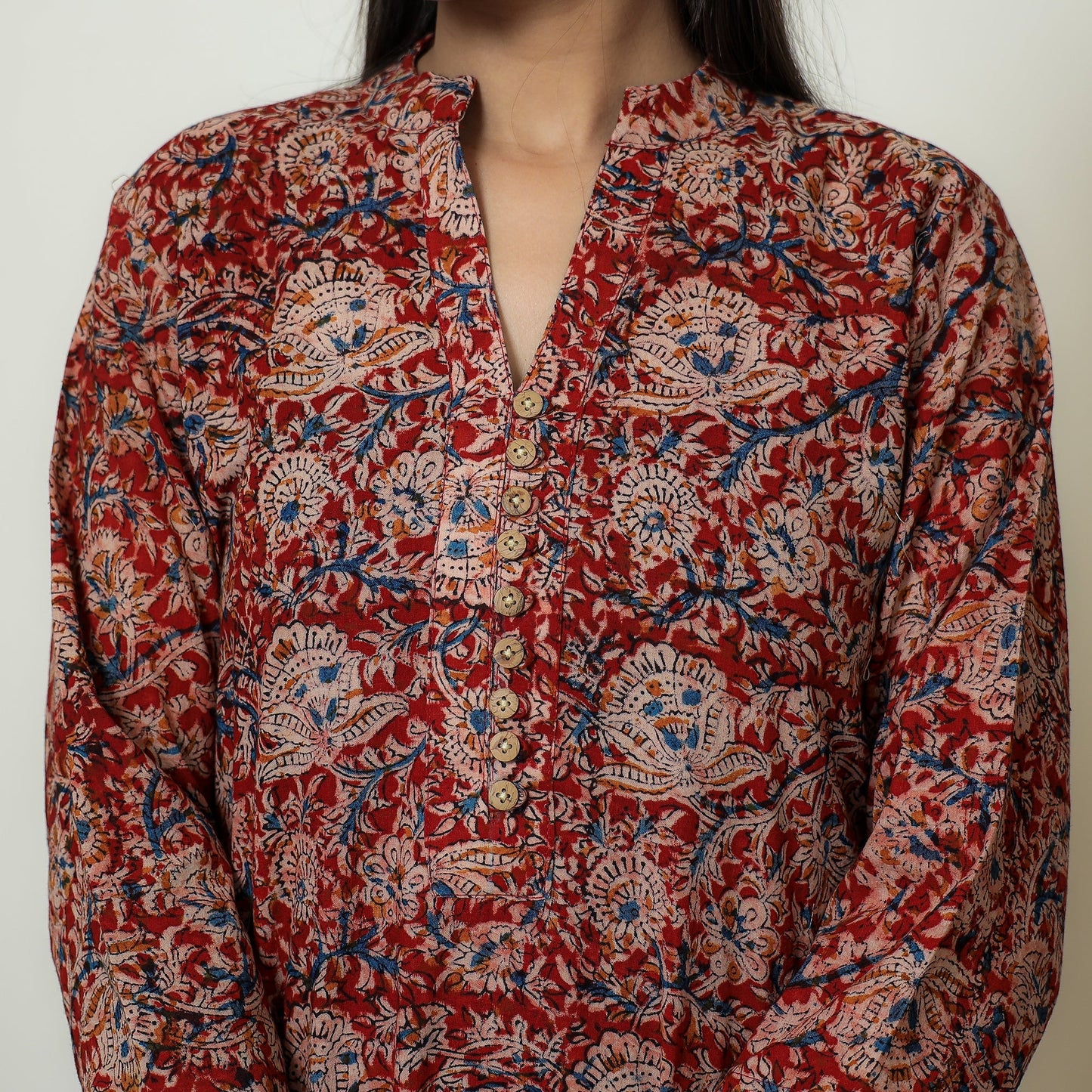 Red Block Print Cotton Straight Kalamkari Kurta for Women