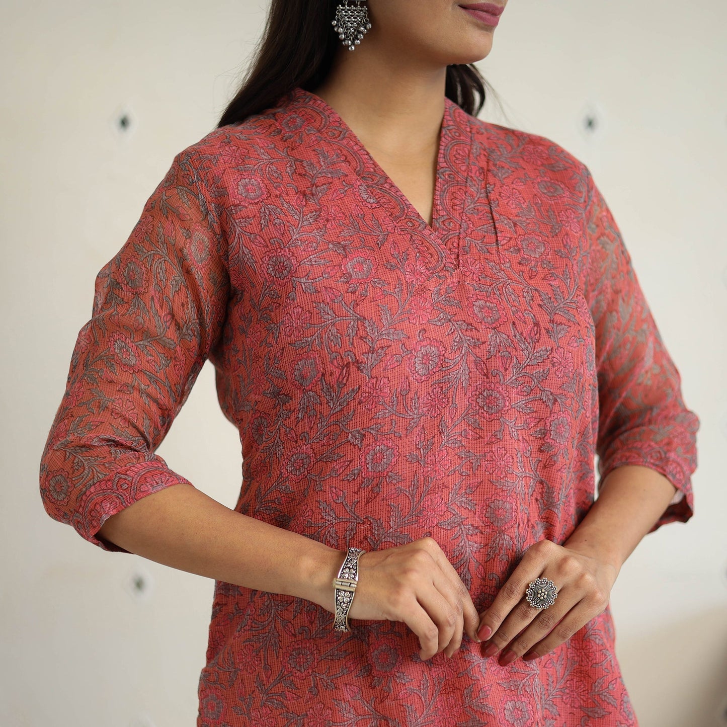 Red Block Print Kota Doria Cotton Sanganeri Kurta Set (Set of 3)