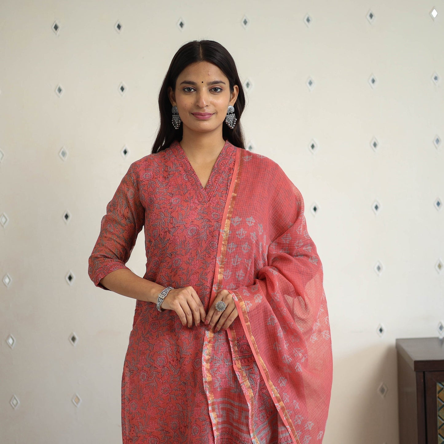 Red Block Print Kota Doria Cotton Sanganeri Kurta Set (Set of 3)