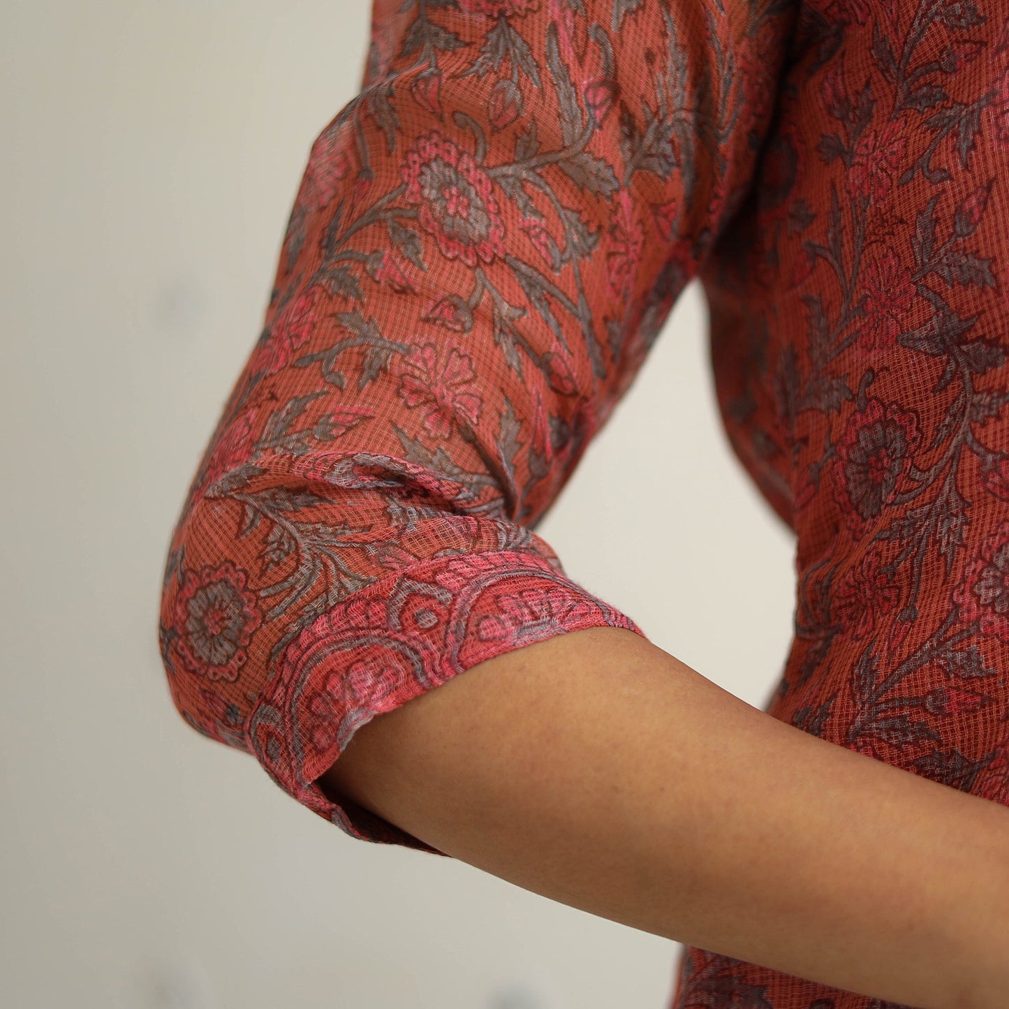 Red Block Print Kota Doria Cotton Sanganeri Kurta Set (Set of 3)