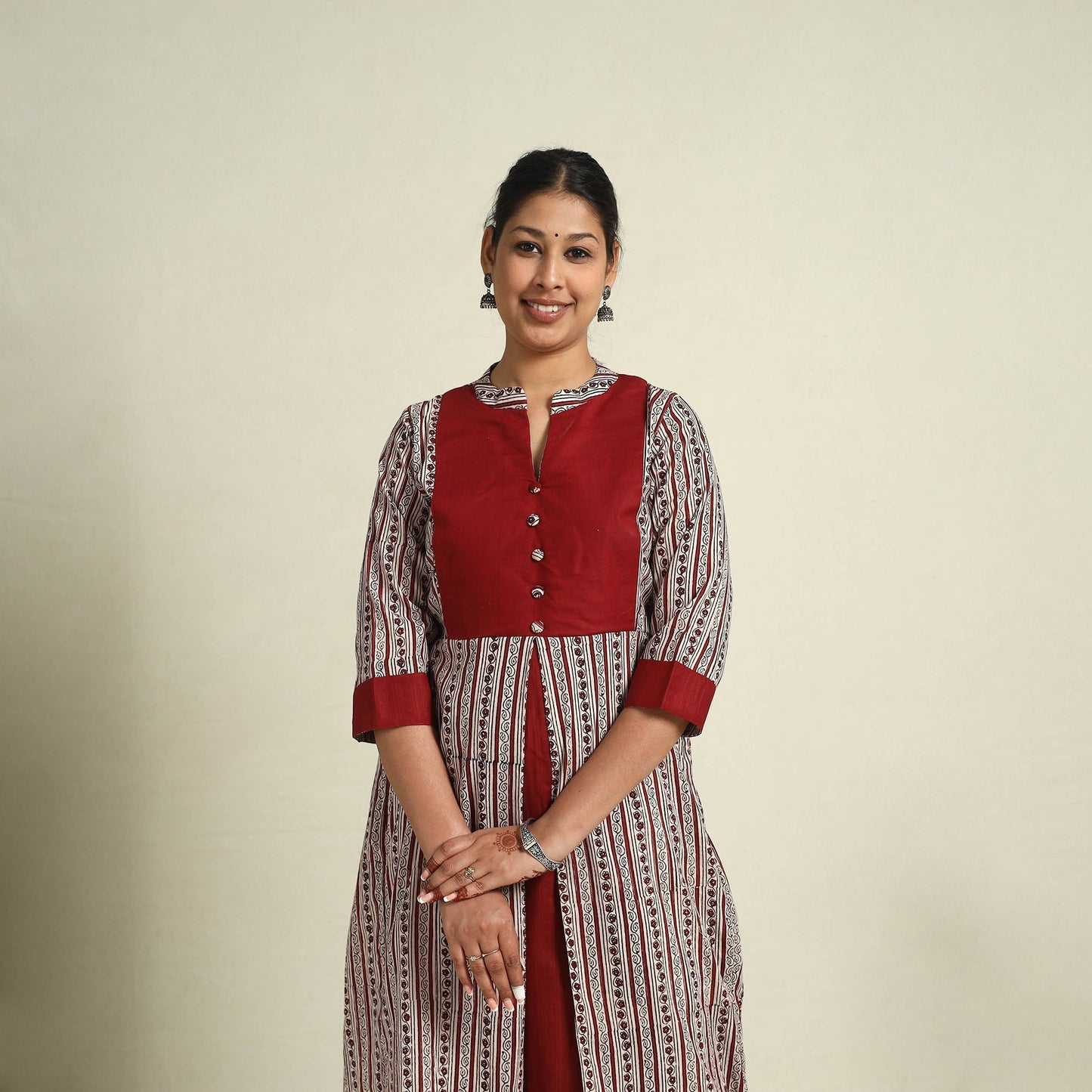 Red Block Print Mul Cotton A-Line Bagh Kurta for Women