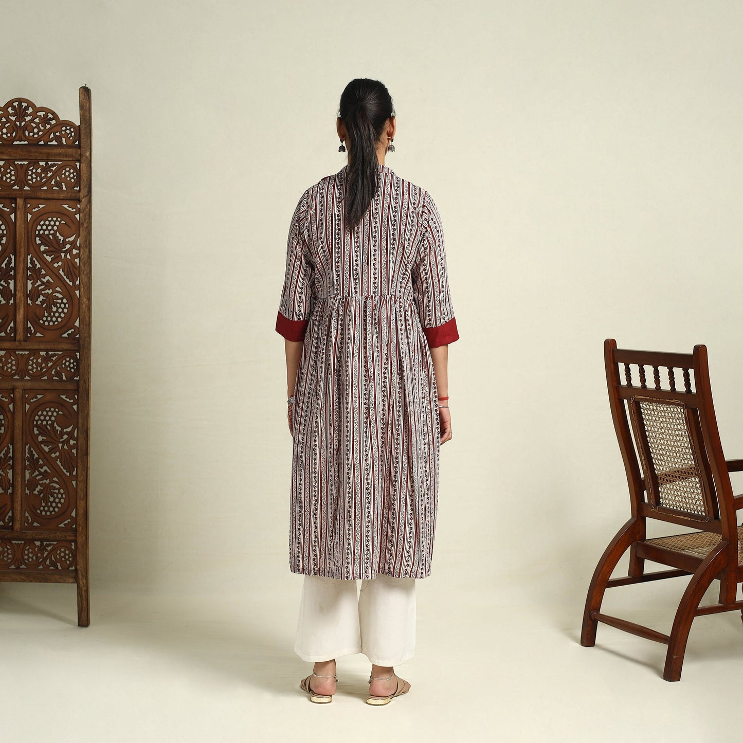 Red Block Print Mul Cotton A-Line Bagh Kurta for Women