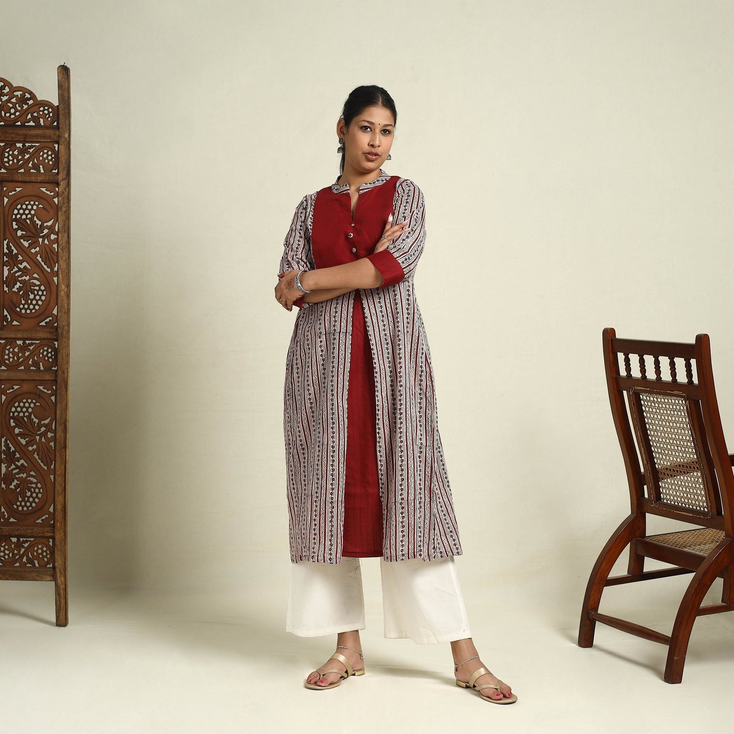 Red Block Print Mul Cotton A-Line Bagh Kurta for Women