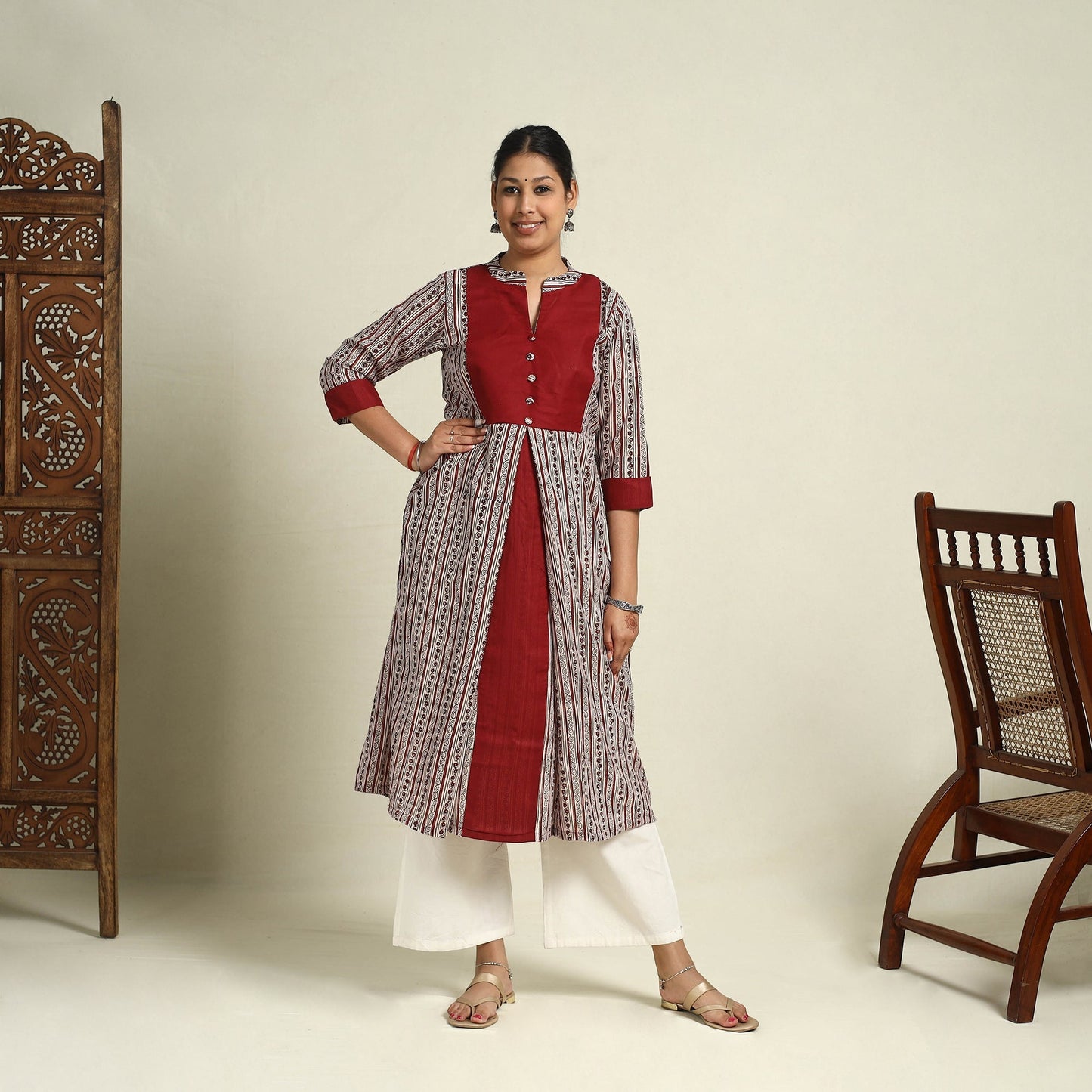 Red Block Print Mul Cotton A-Line Bagh Kurta for Women