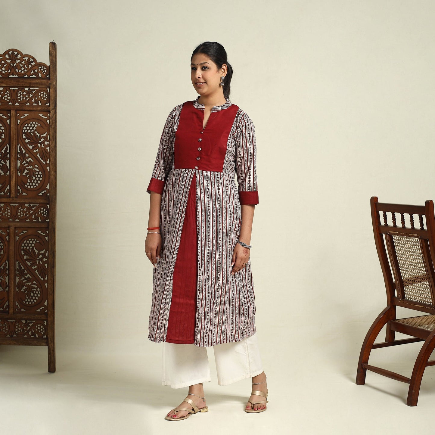 Red Block Print Mul Cotton A-Line Bagh Kurta for Women