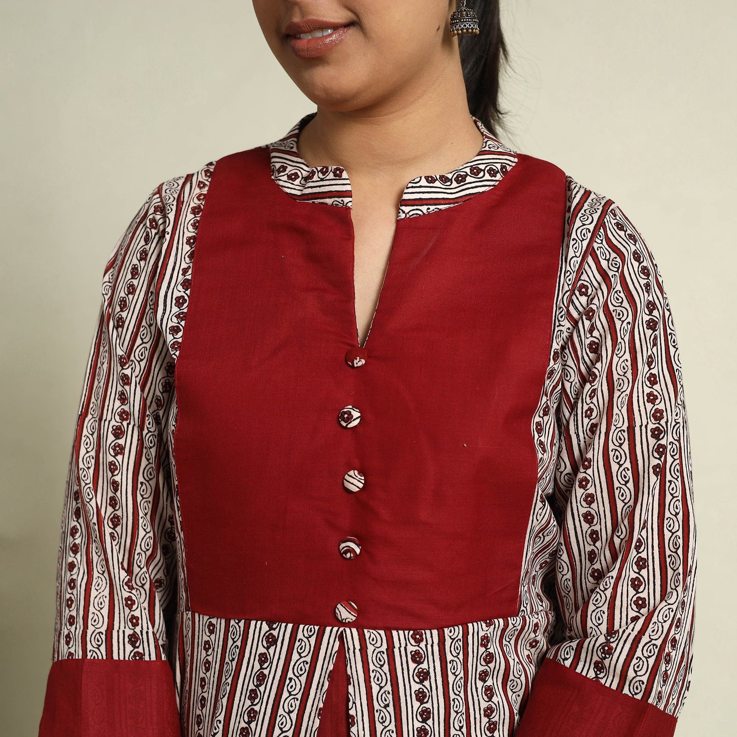 Red Block Print Mul Cotton A-Line Bagh Kurta for Women