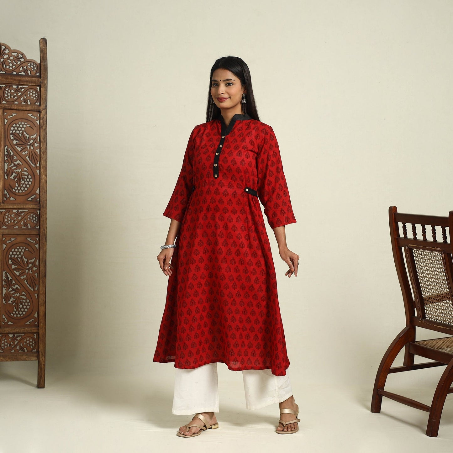 Red Block Print Mul Cotton A-Line Bagh Kurta for Women