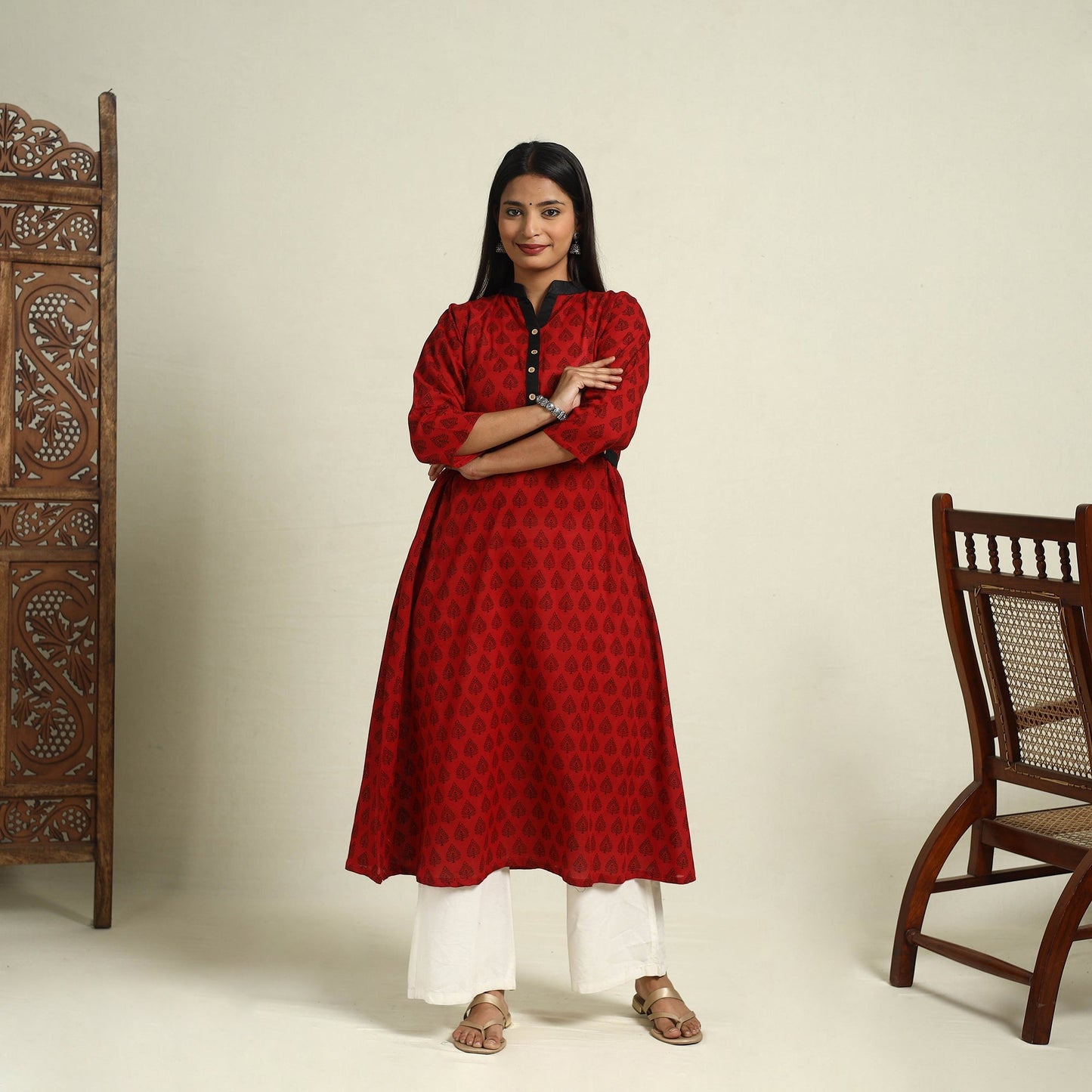 Red Block Print Mul Cotton A-Line Bagh Kurta for Women