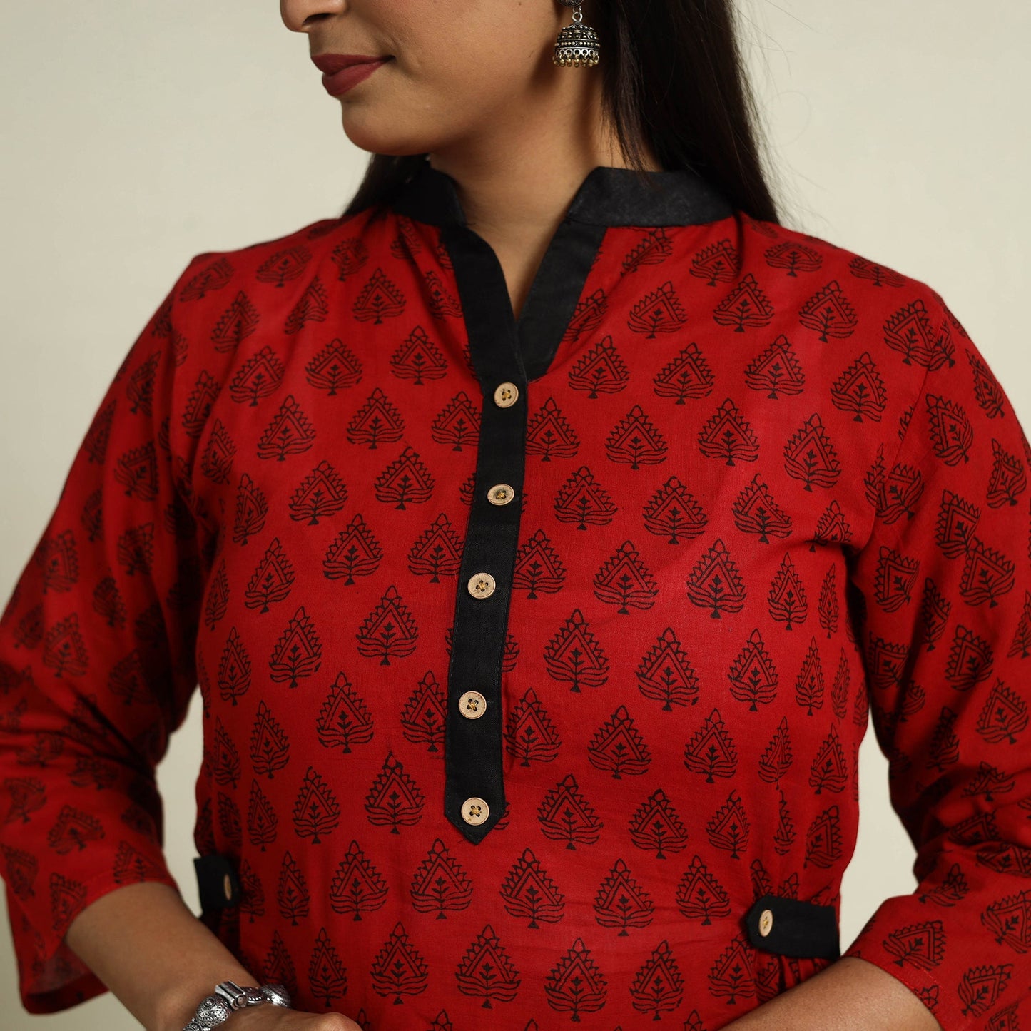 Red Block Print Mul Cotton A-Line Bagh Kurta for Women