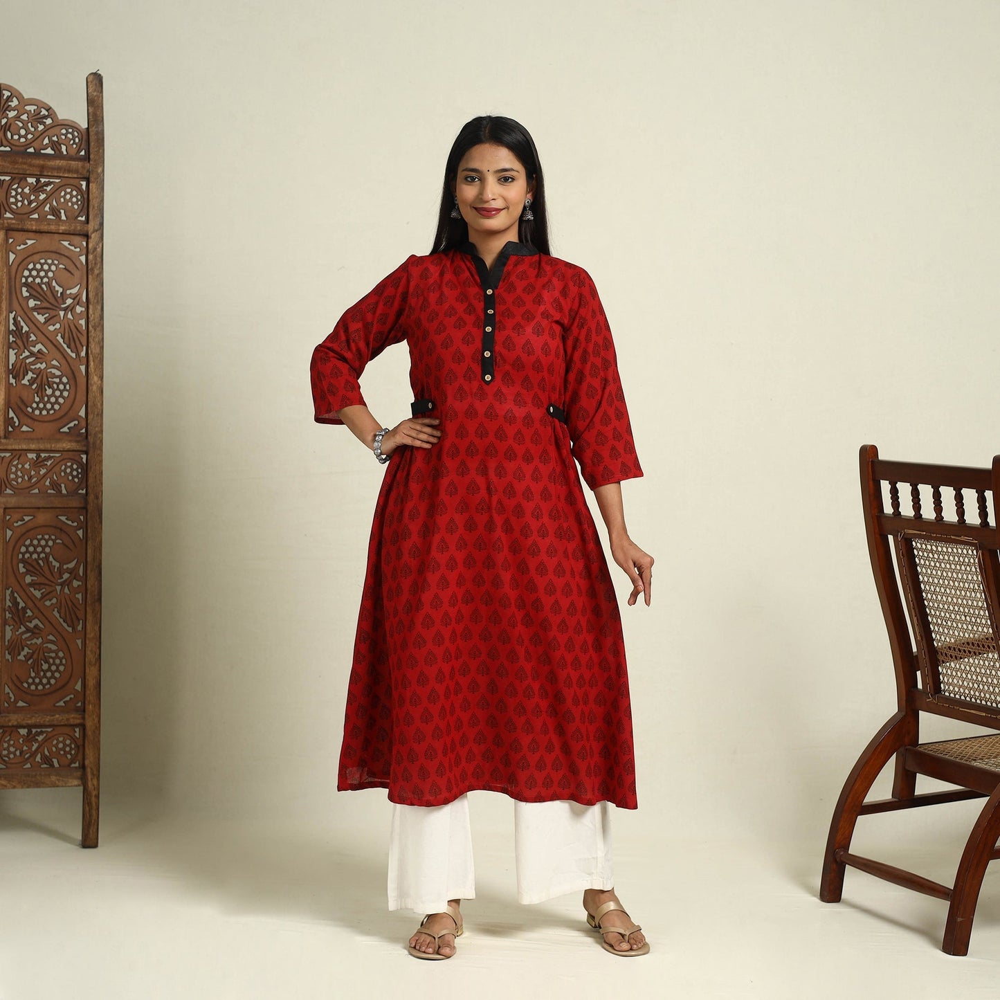 Red Block Print Mul Cotton A-Line Bagh Kurta for Women